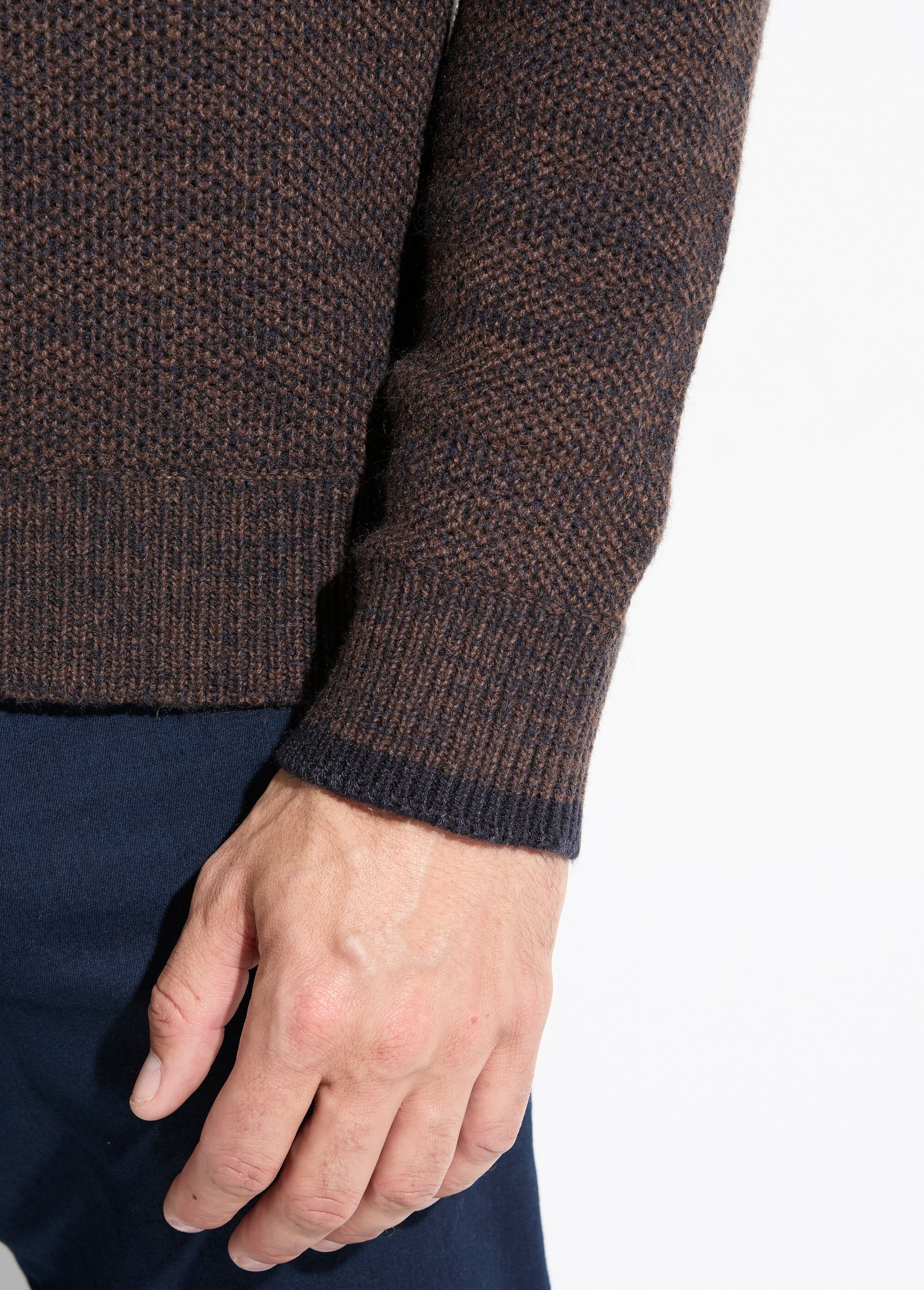 Pull col montant zippé maille chinée laine Homme Marron FAUVE DE2