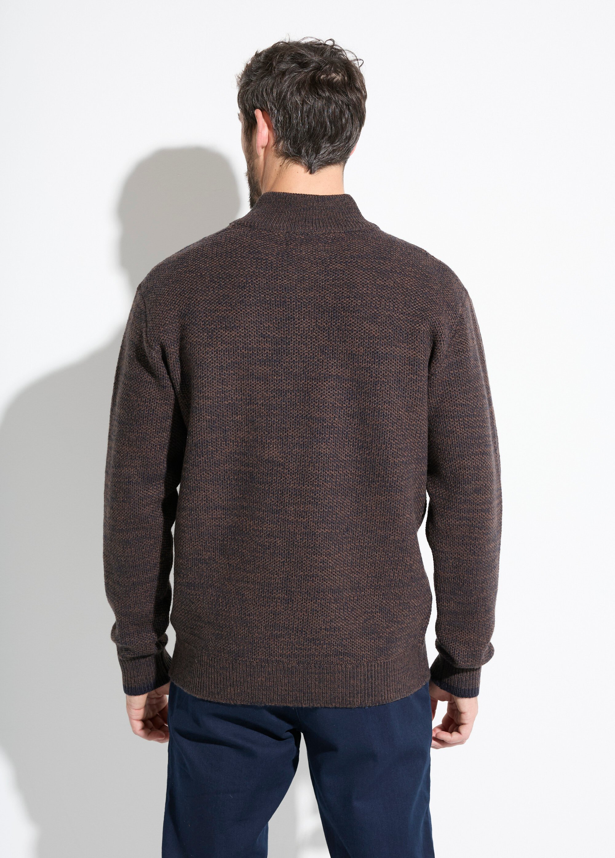 Pull col montant zippé maille chinée laine Homme Marron FAUVE DO1