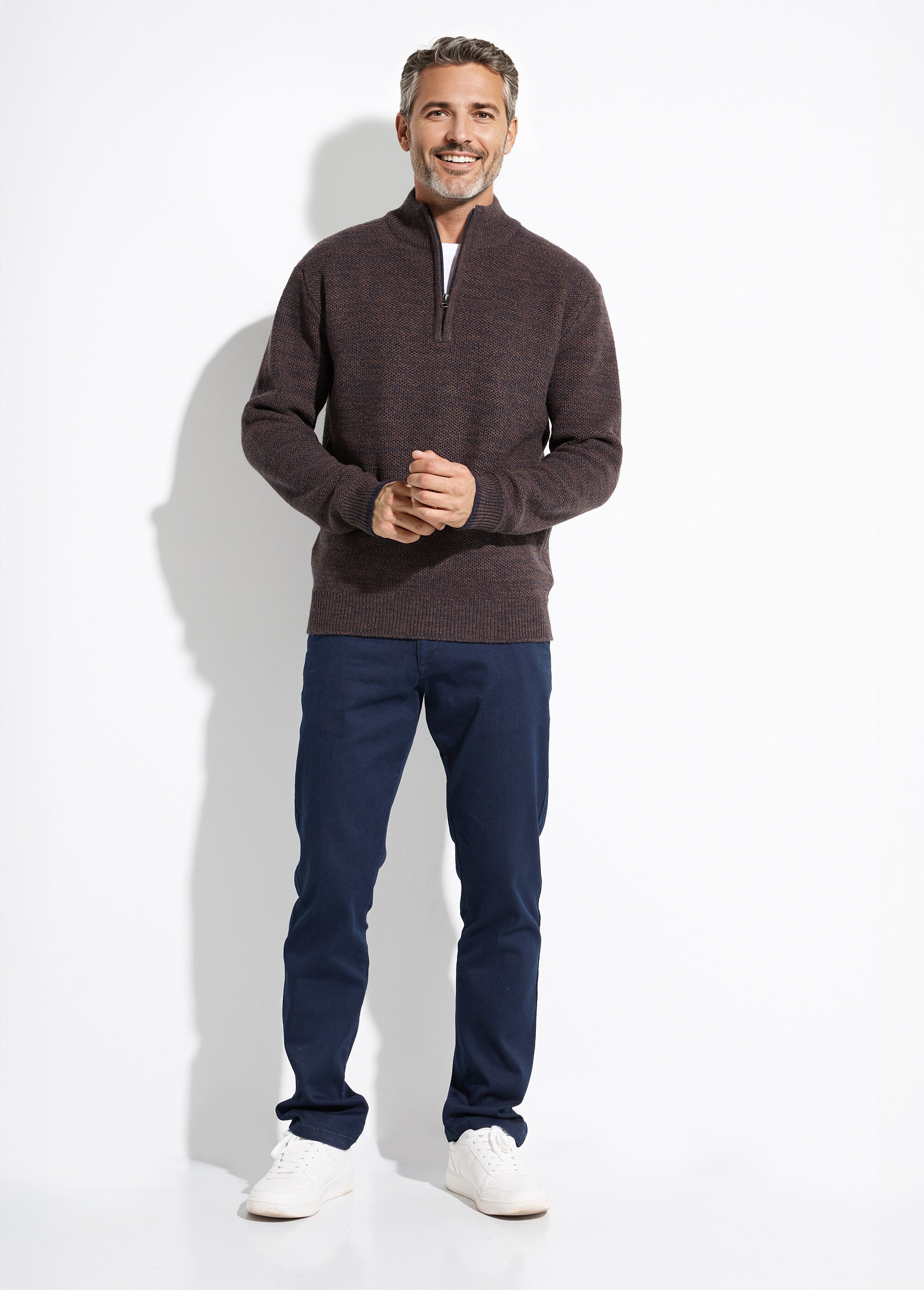 Pull col montant zippé maille chinée laine Homme Marron FAUVE SF1