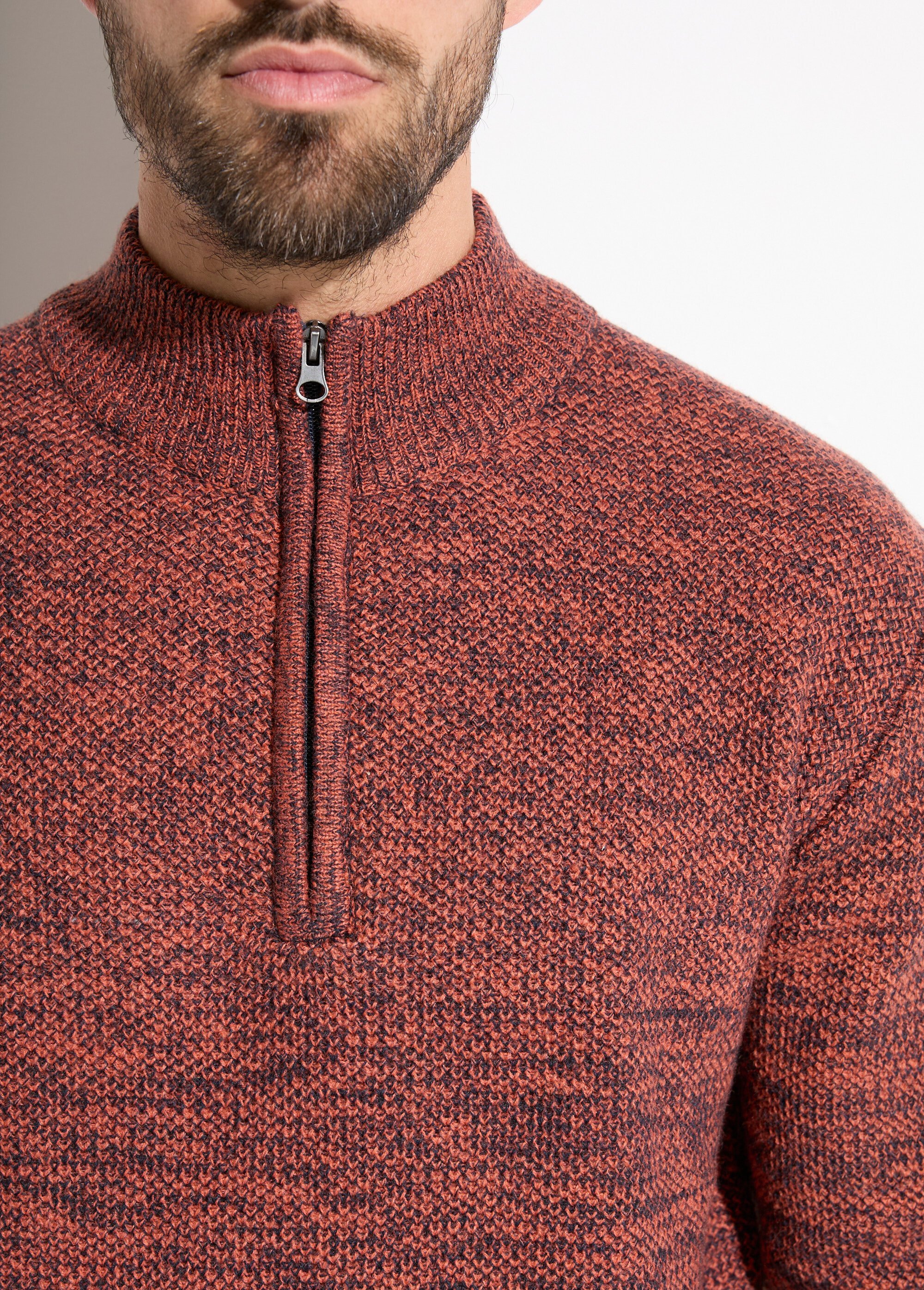 Pull col montant zippé maille chinée laine Homme Rouge FAUVE DE1