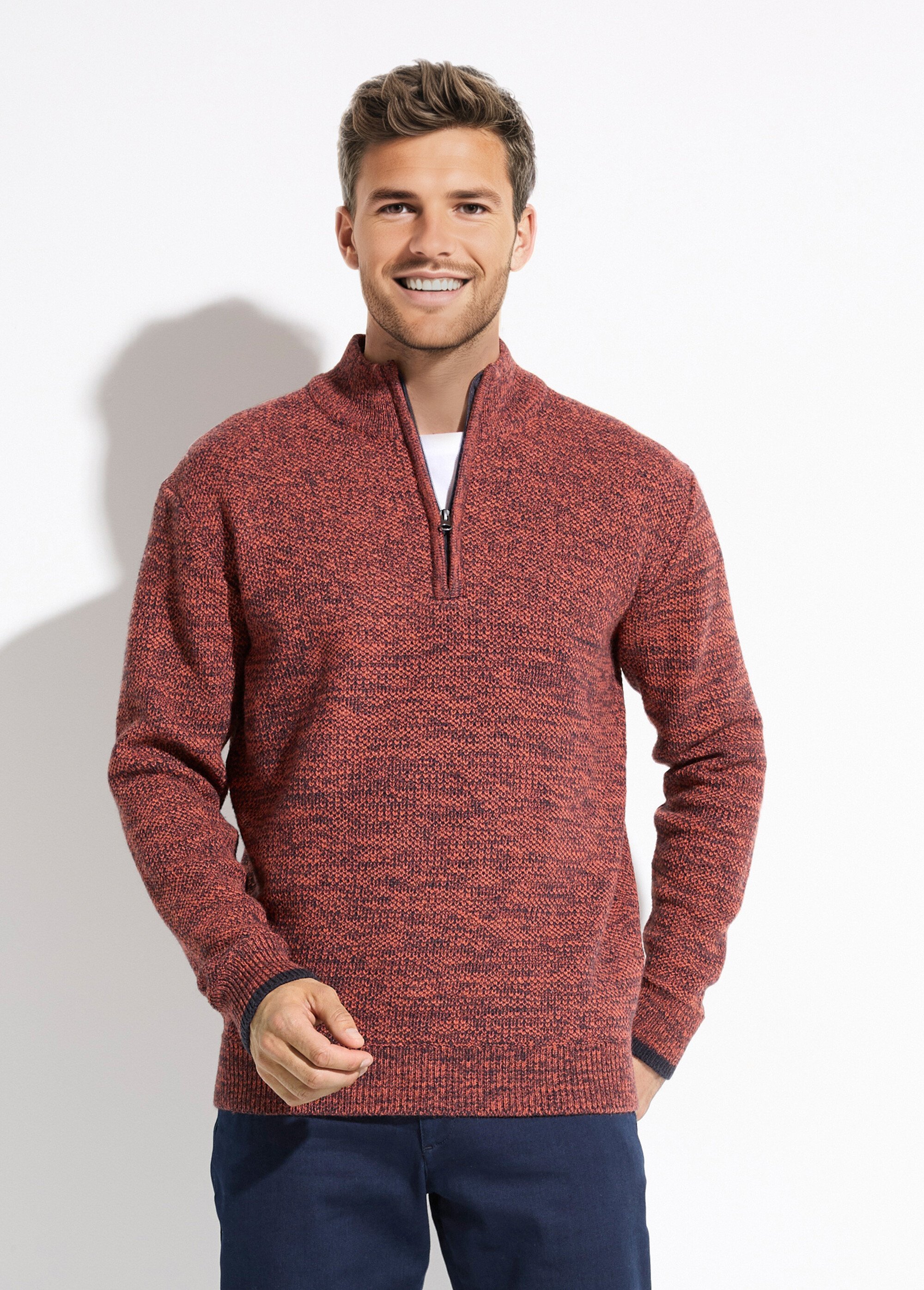 Pull col montant zippé maille chinée laine Homme Rouge FAUVE FA1