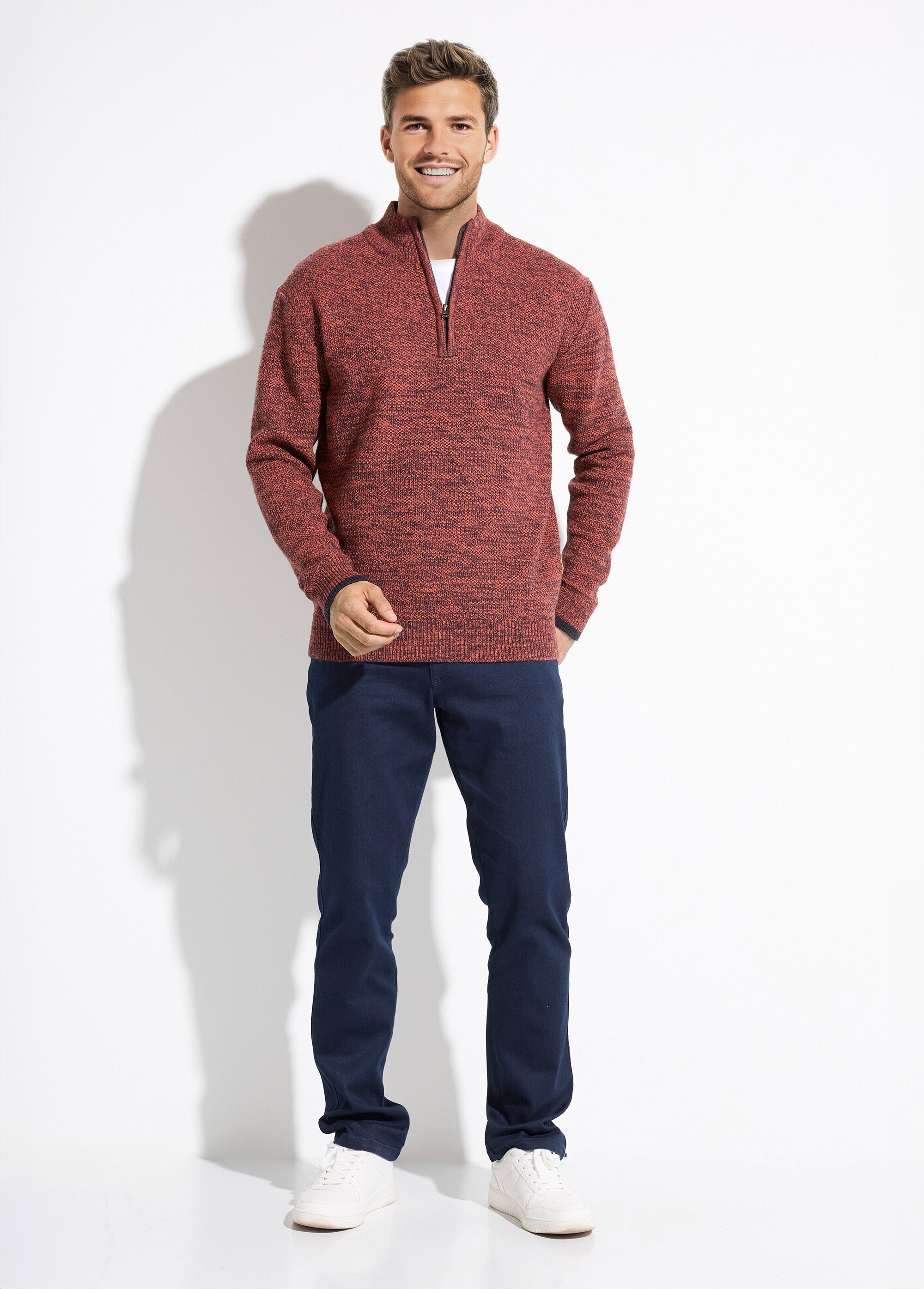Pull col montant zippé maille chinée laine Homme Rouge FAUVE SF1