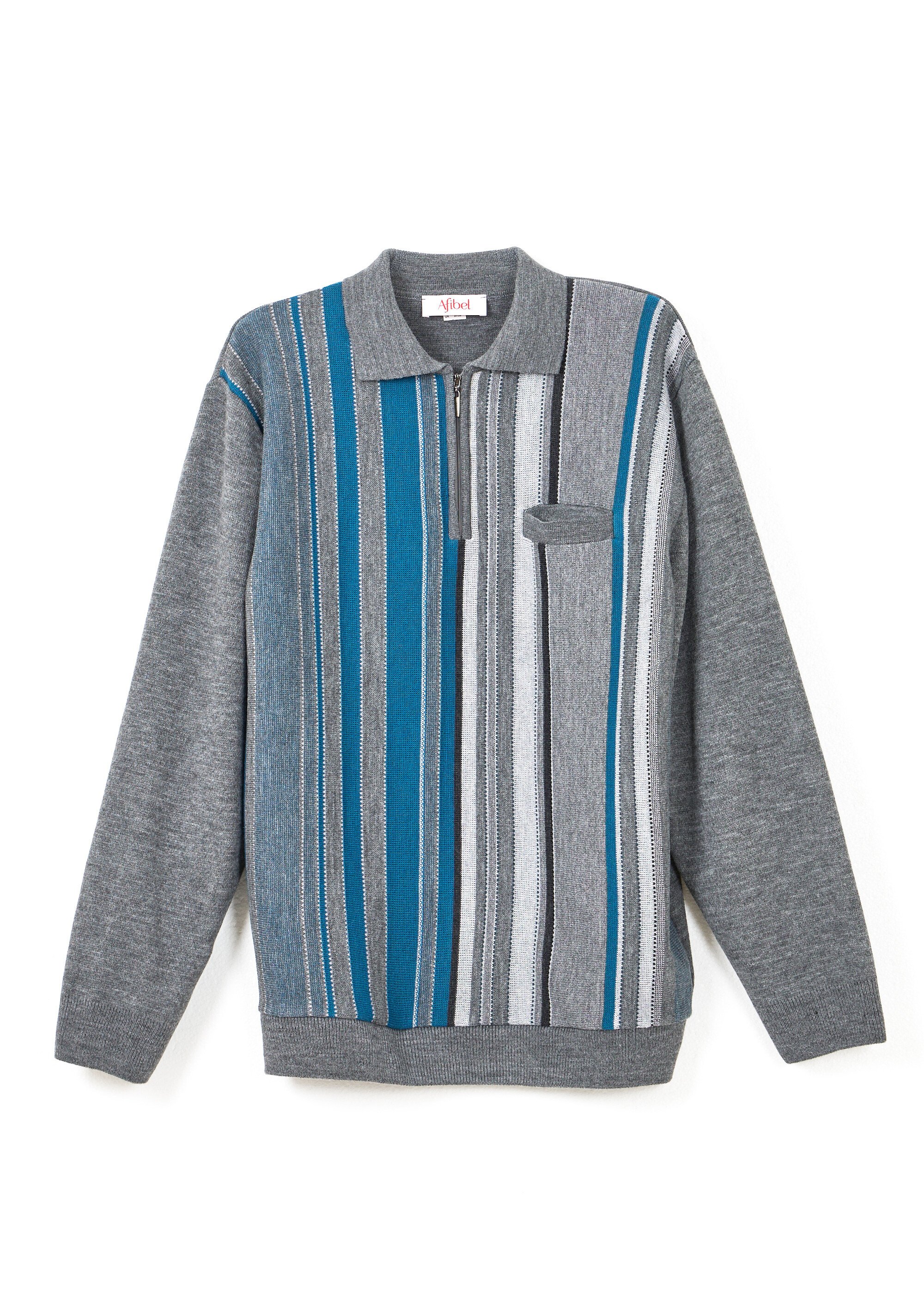 Pull col polo zippé jacquard rayé laine Homme Gris FARCIN AP1
