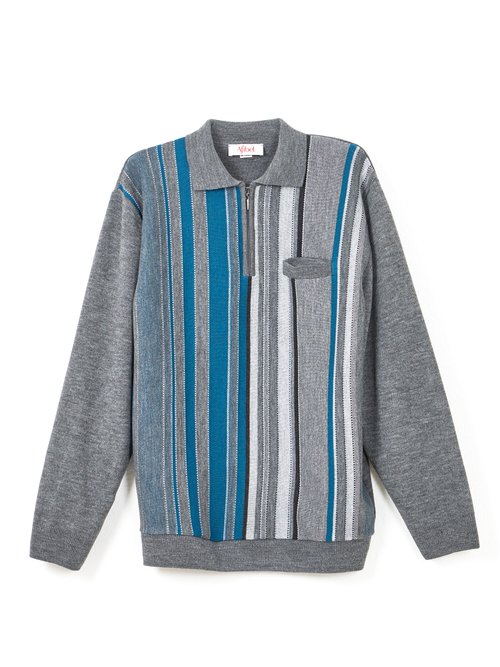 Pull col polo zippé jacquard rayé laine Homme Gris FARCIN AP1