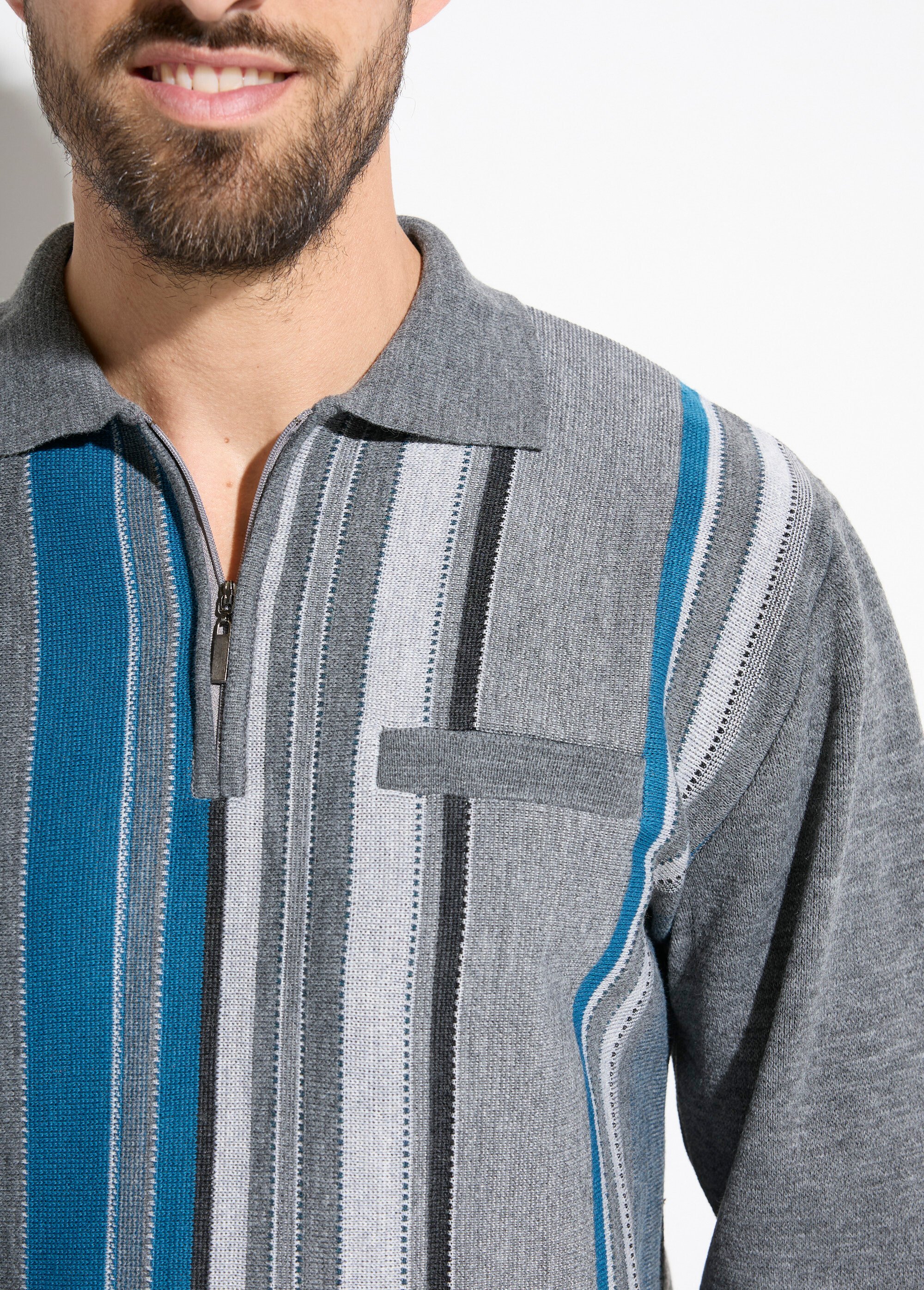 Pull col polo zippé jacquard rayé laine Homme Gris FARCIN DE1