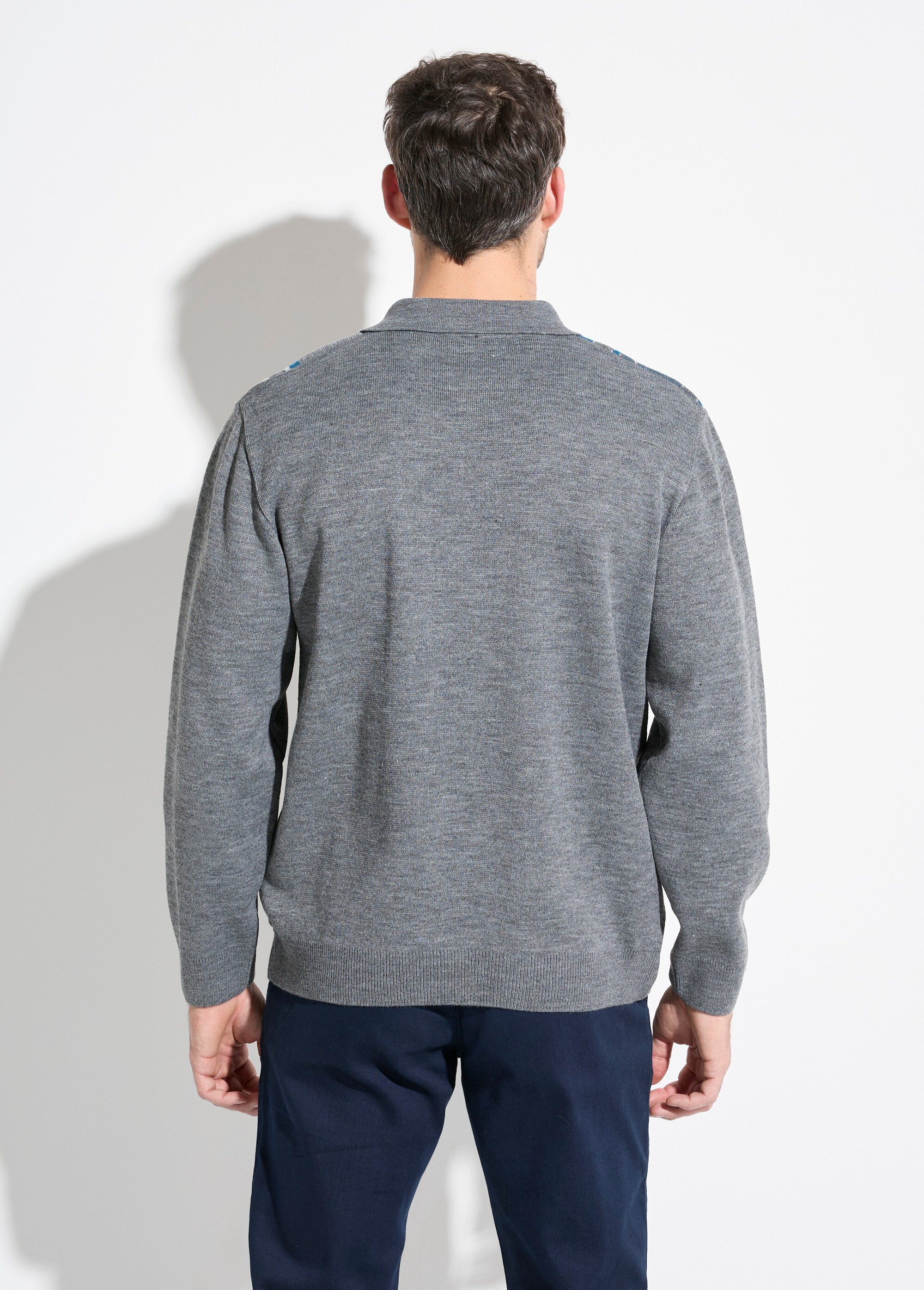 Pull col polo zippé jacquard rayé laine