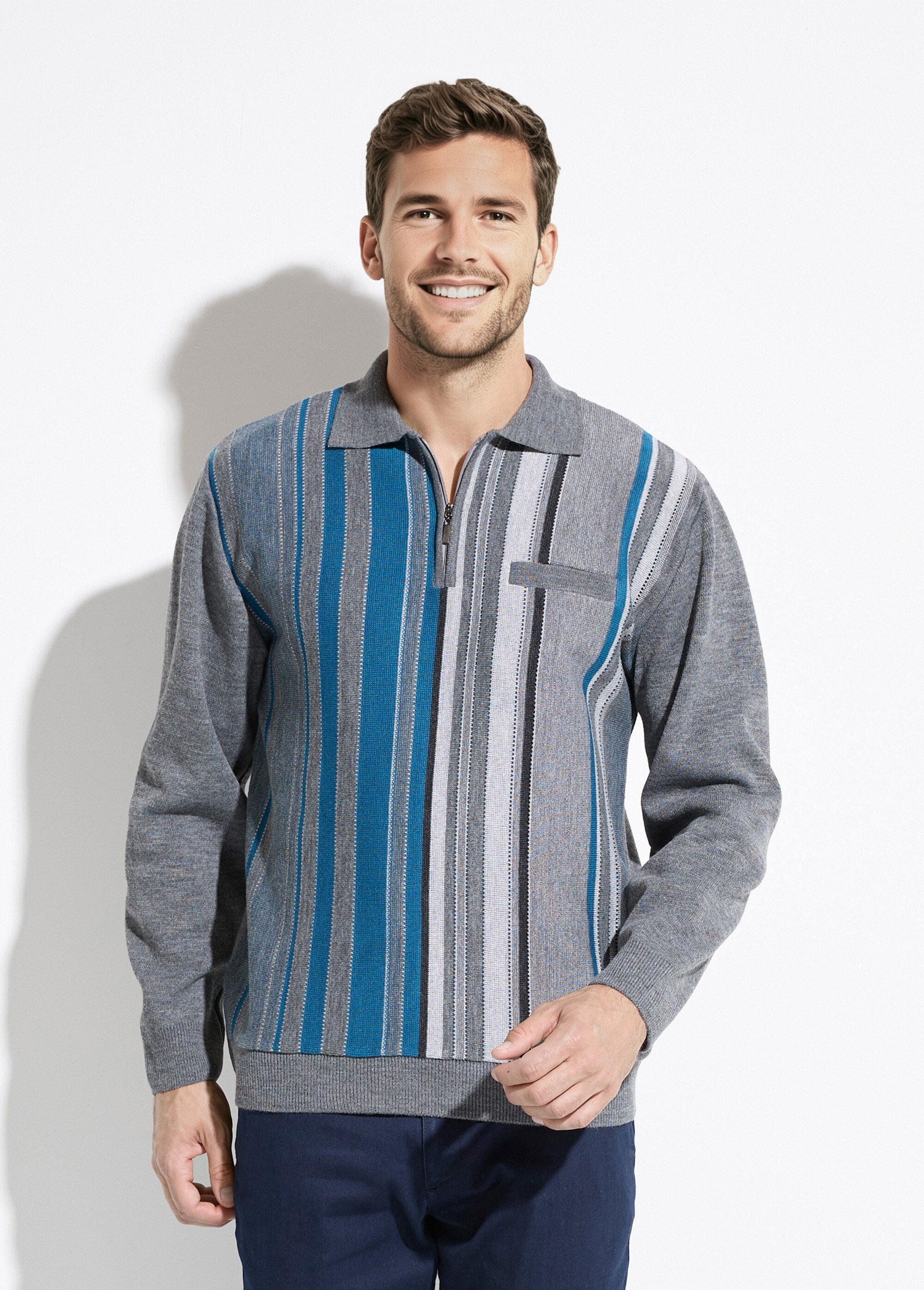 Pull col polo zippé jacquard rayé laine Homme Gris FARCIN FA1