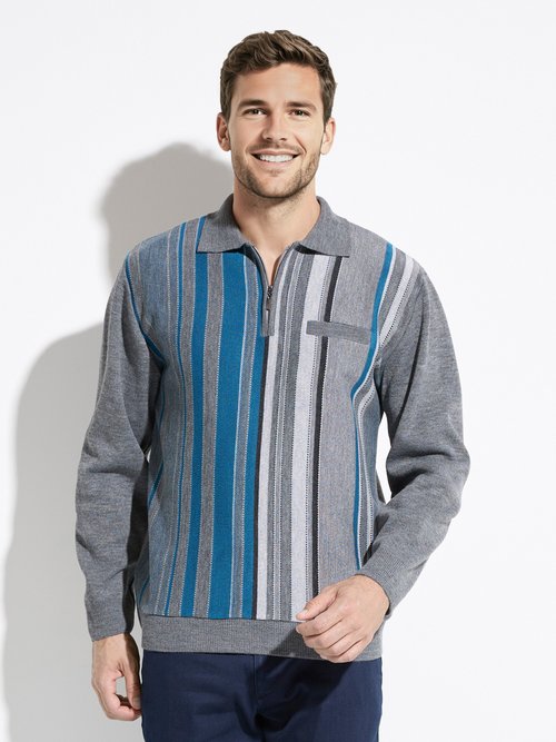 Pull col polo zippé jacquard rayé laine Homme Gris FARCIN FA1