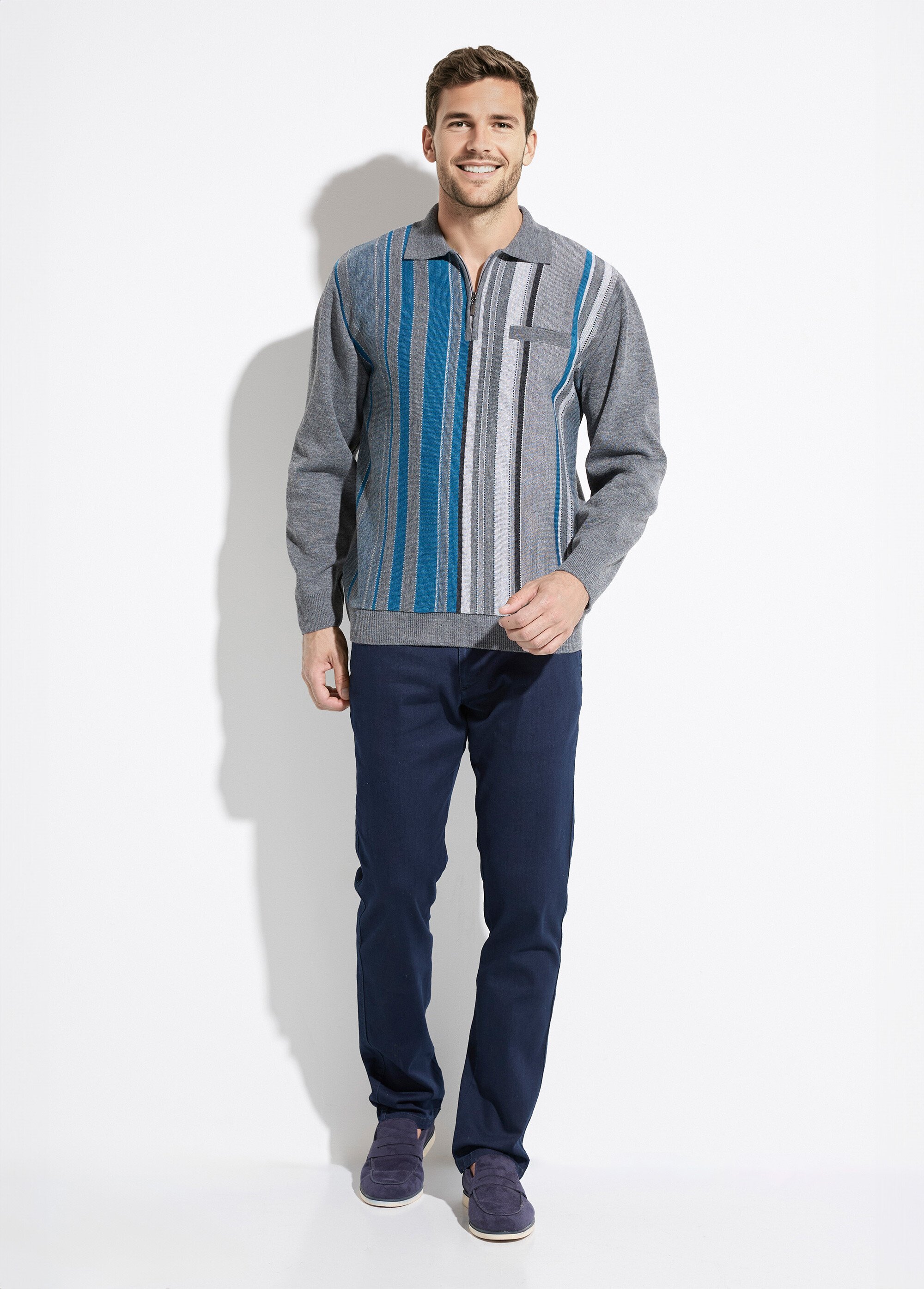 Pull col polo zippé jacquard rayé laine Homme Gris FARCIN SF1