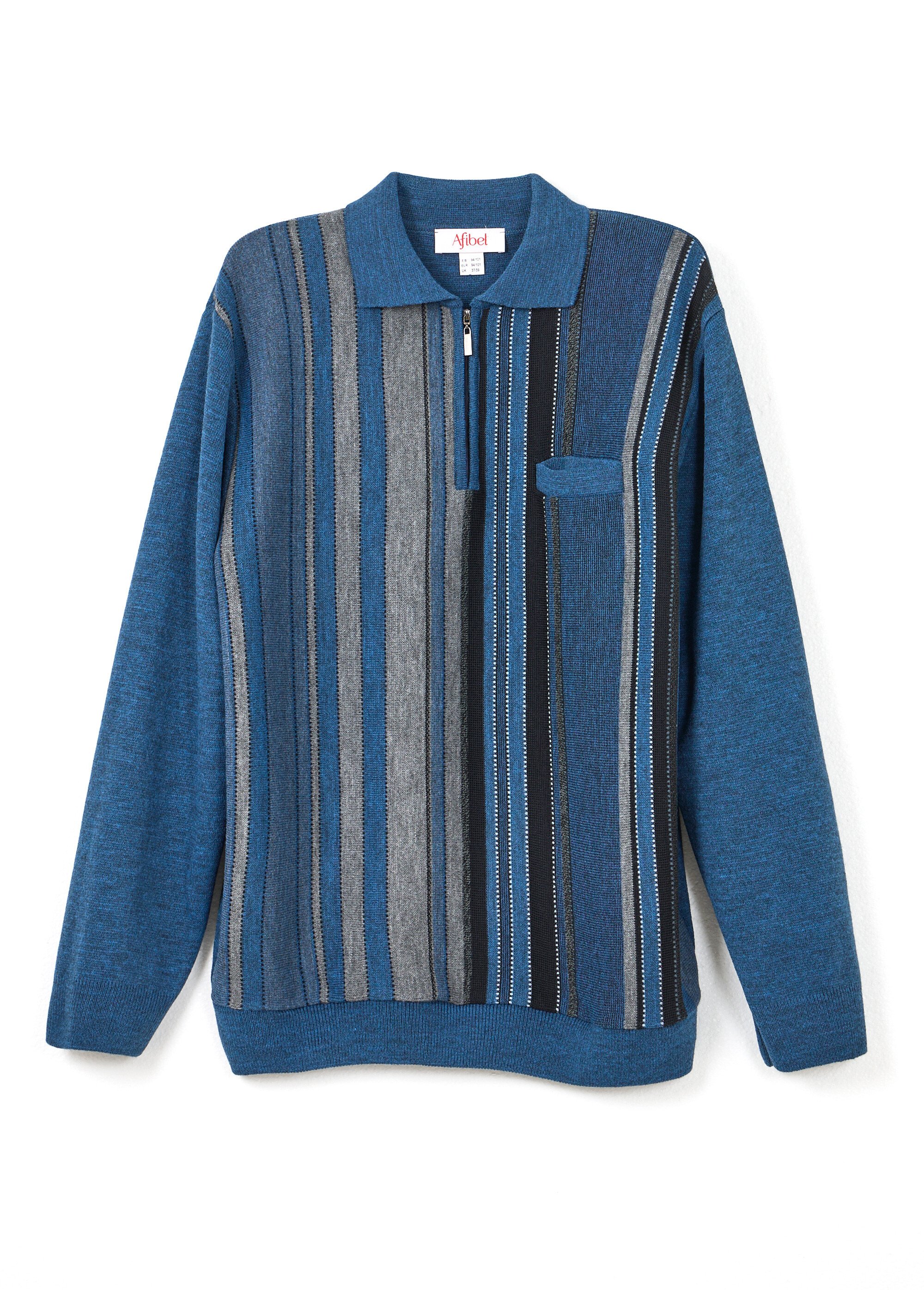 Pull col polo zippé jacquard rayé laine Homme Bleu FARCIN AP1
