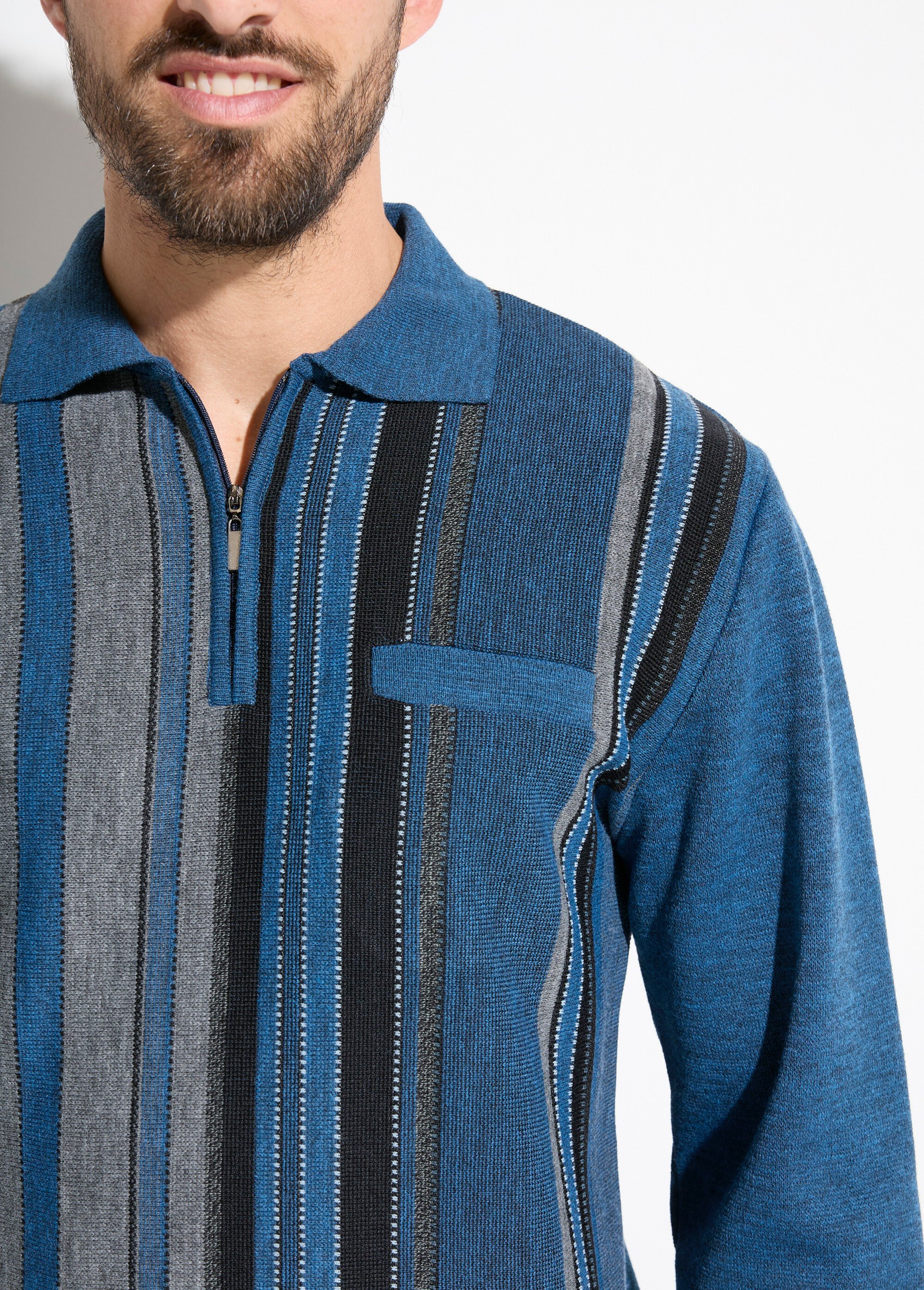 Pull col polo zippé jacquard rayé laine