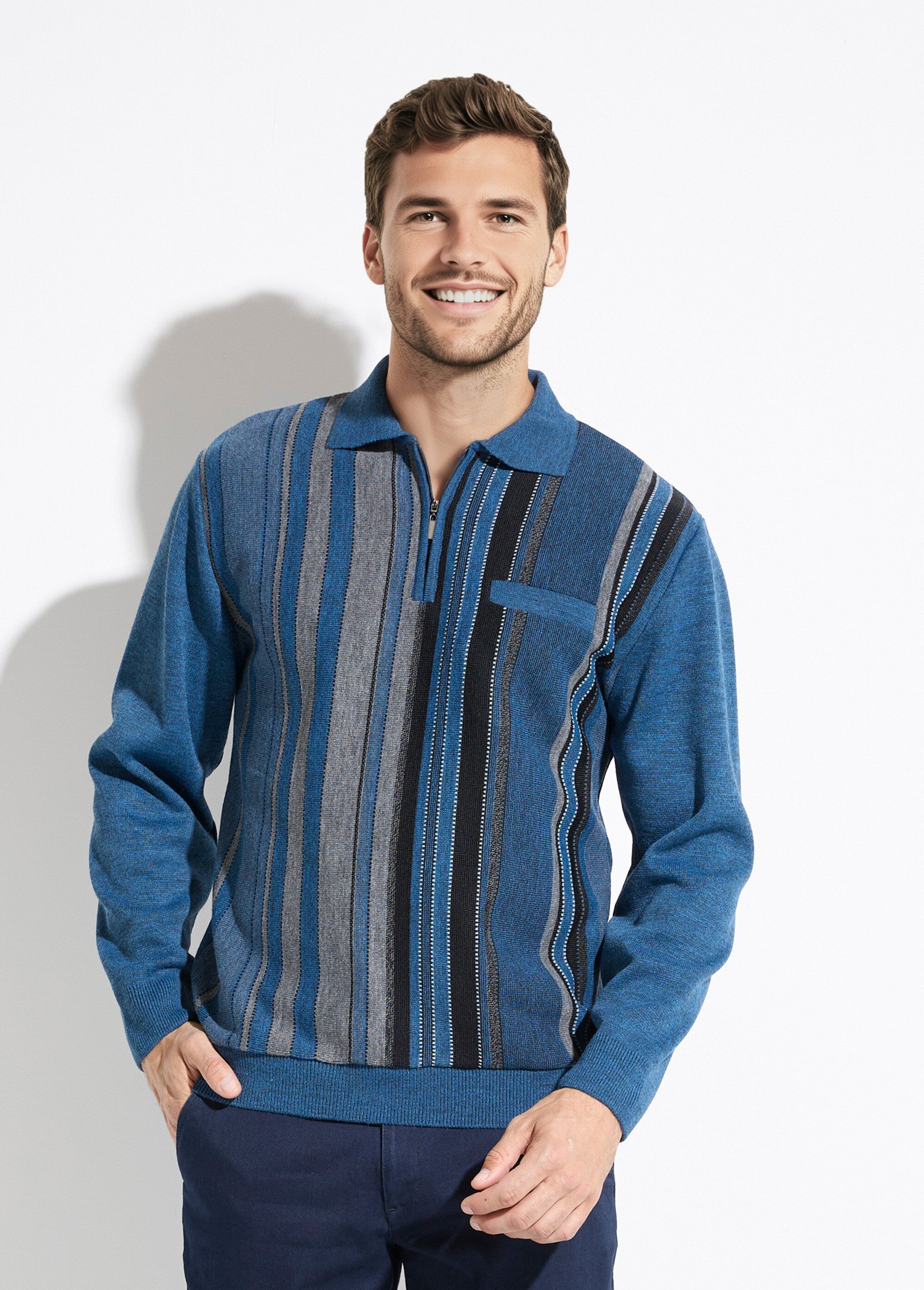 Pull col polo zippé jacquard rayé laine Homme Bleu FARCIN FA1