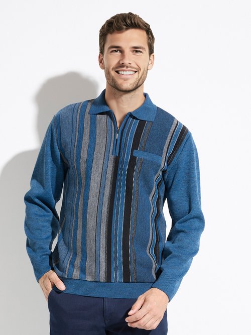 Pull col polo zippé jacquard rayé laine Homme Bleu FARCIN FA1