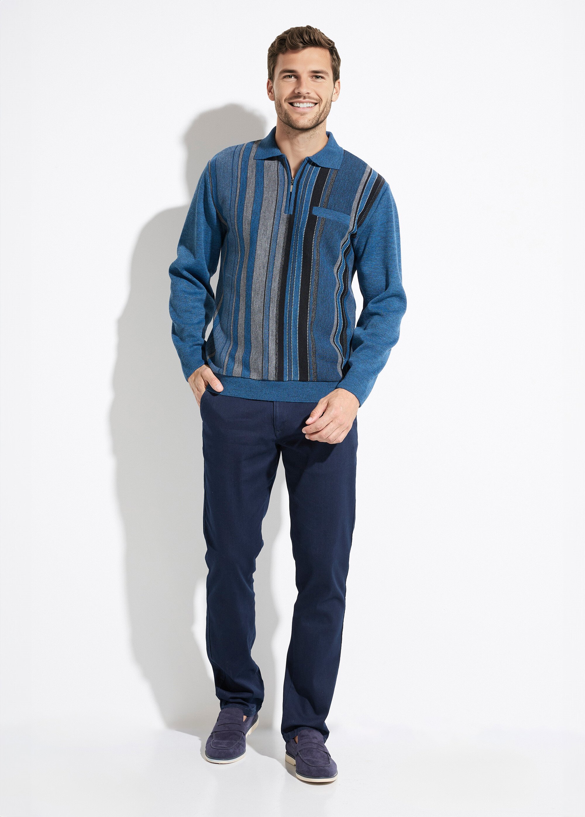 Pull col polo zippé jacquard rayé laine Homme Bleu FARCIN SF1