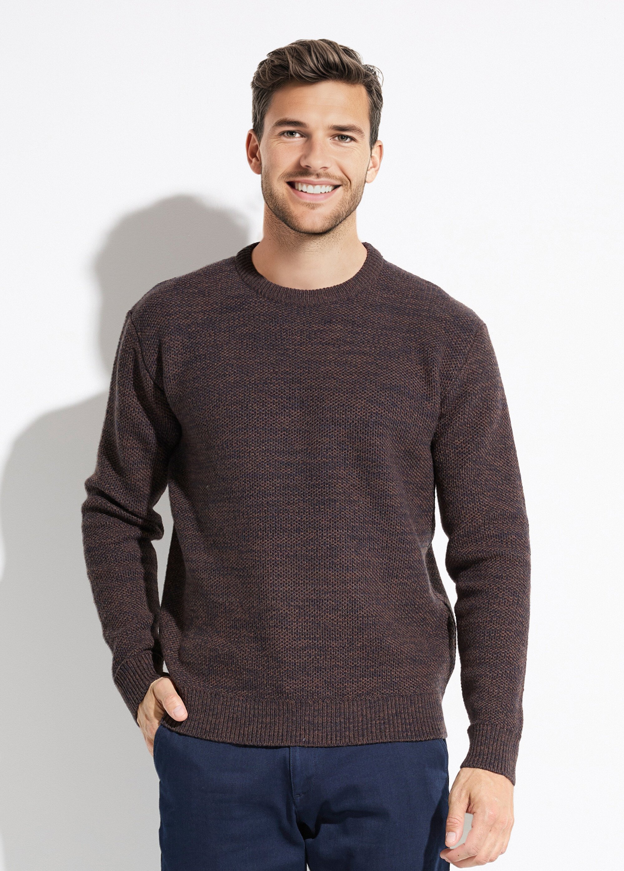 Pull col rond maille chinée laine manches longues Homme Marron FAUNE FA1