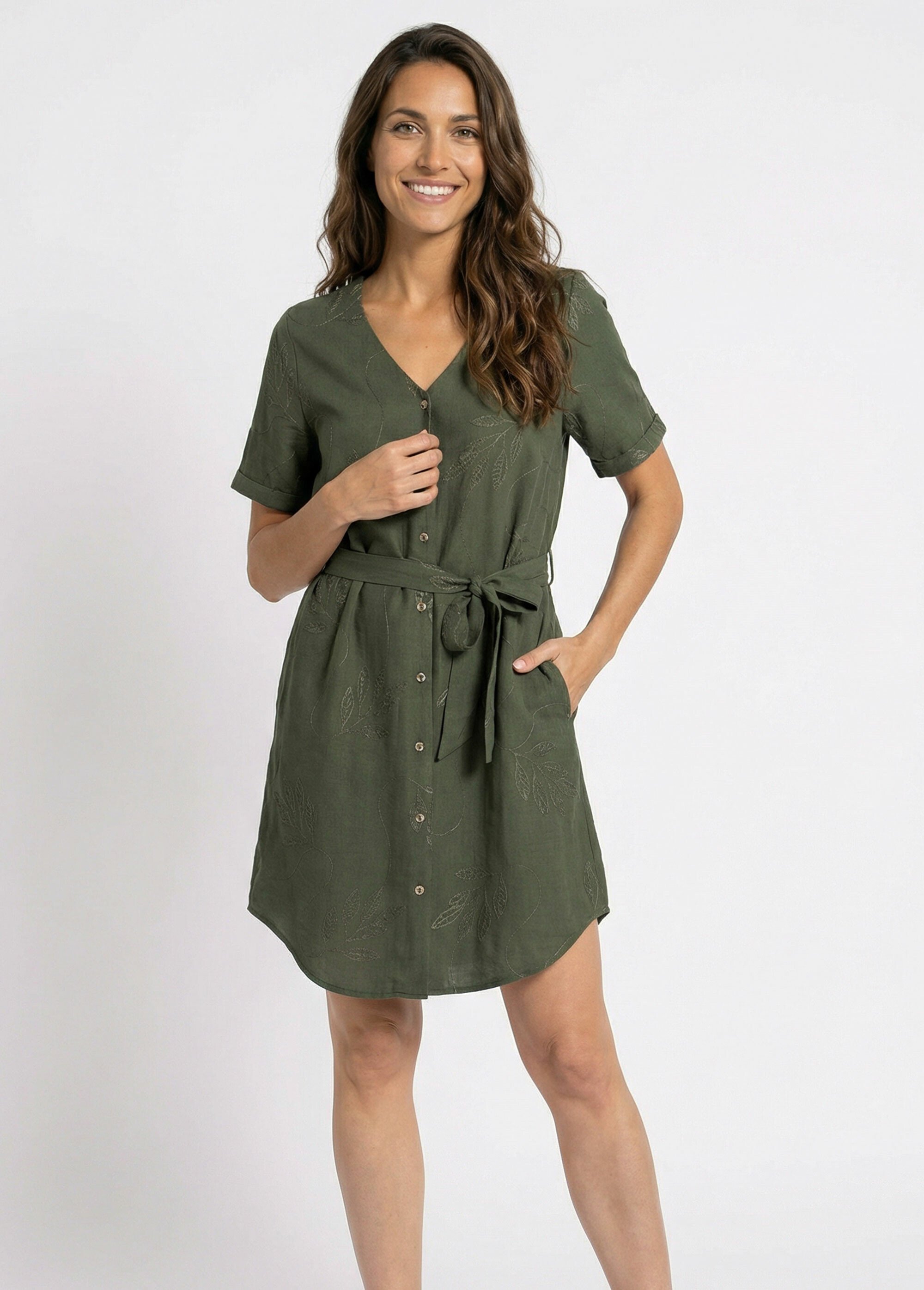 Robe chemisier col V, brodée feuillage Femme Vert TM-ROMYBRO FA1