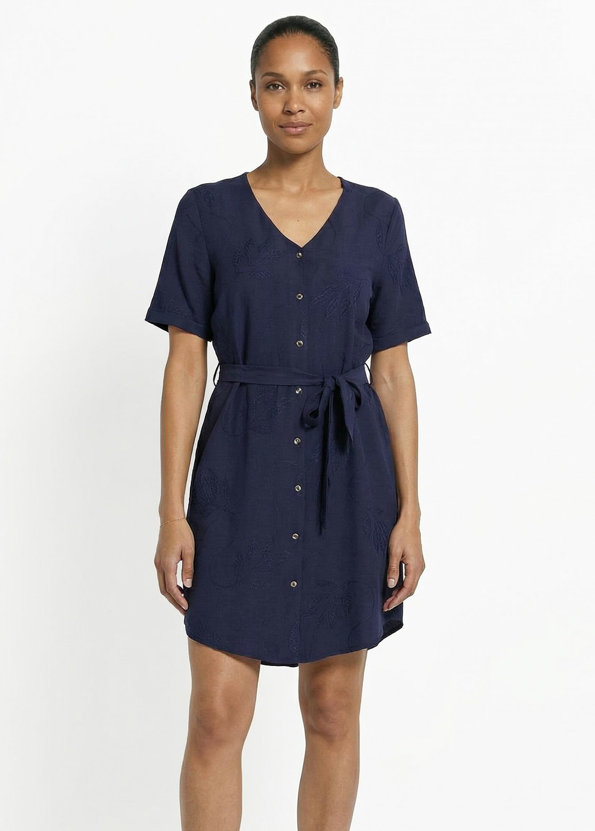 Robe chemisier col V, brodée feuillage Femme Bleu TM-ROMYBRO FA1