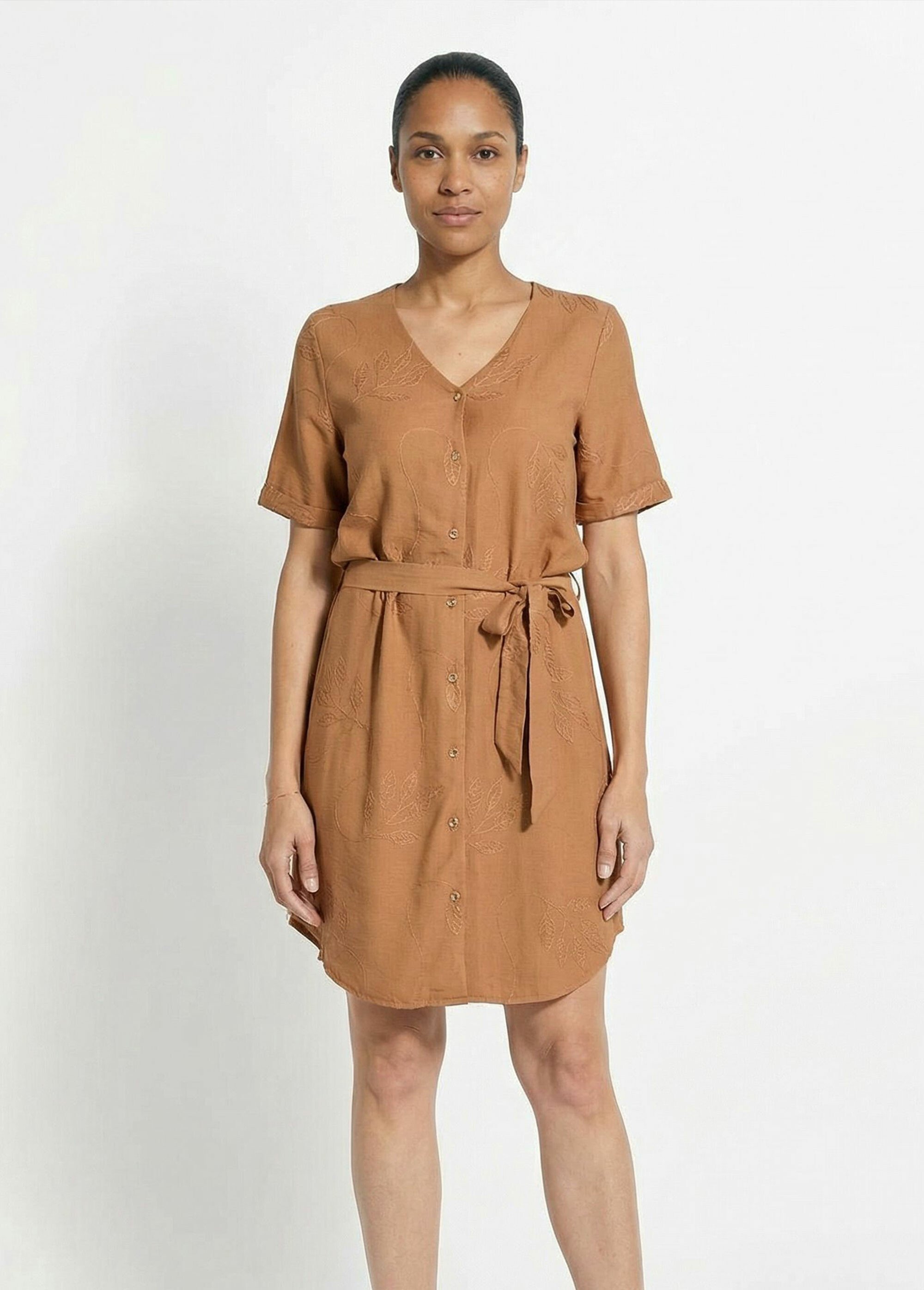 Robe chemisier col V, brodée feuillage Femme Marron TM-ROMYBRO FA1