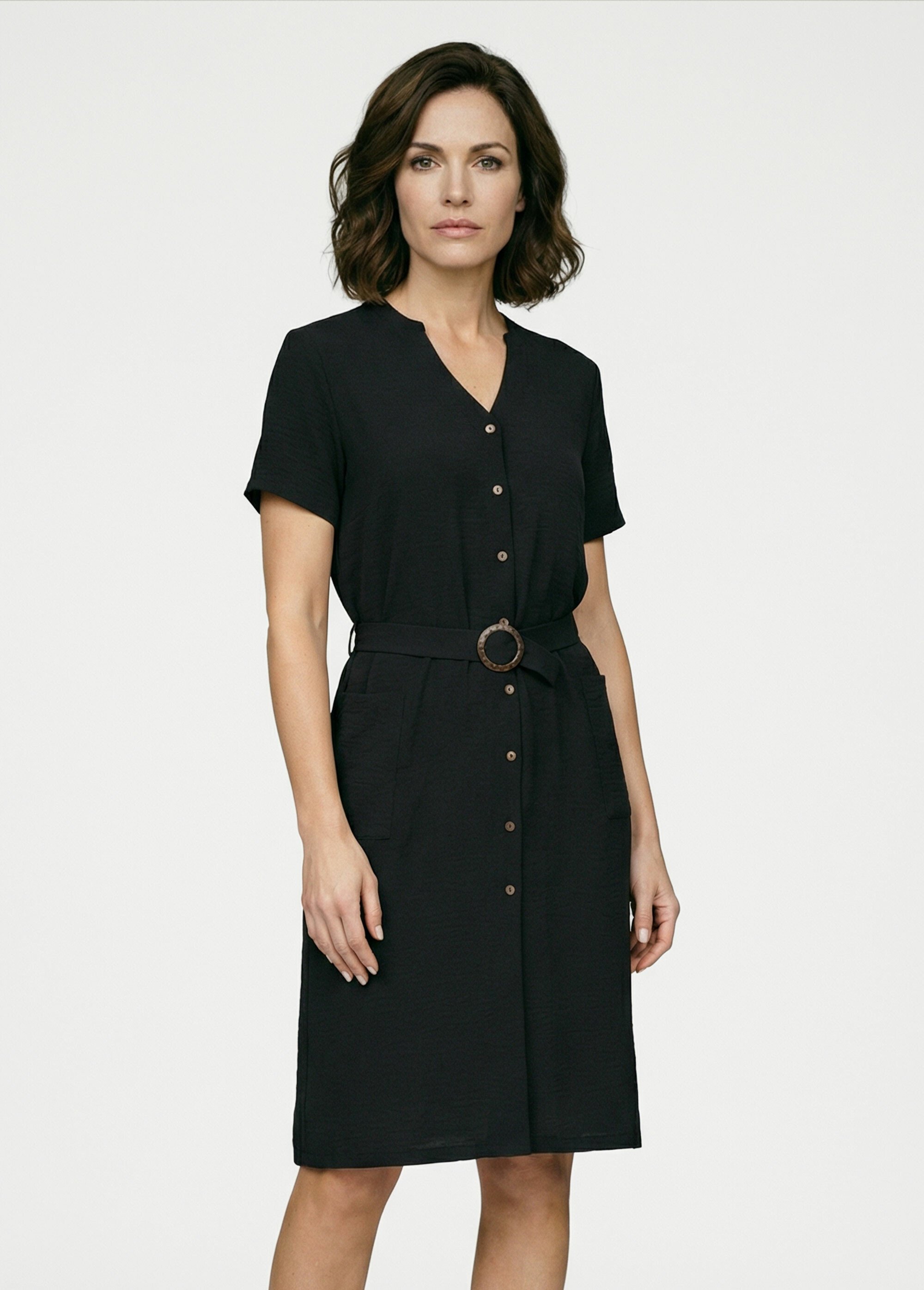 Robe chemisier en crêpe, style ethnique Femme Noir TM-TAMO FA1