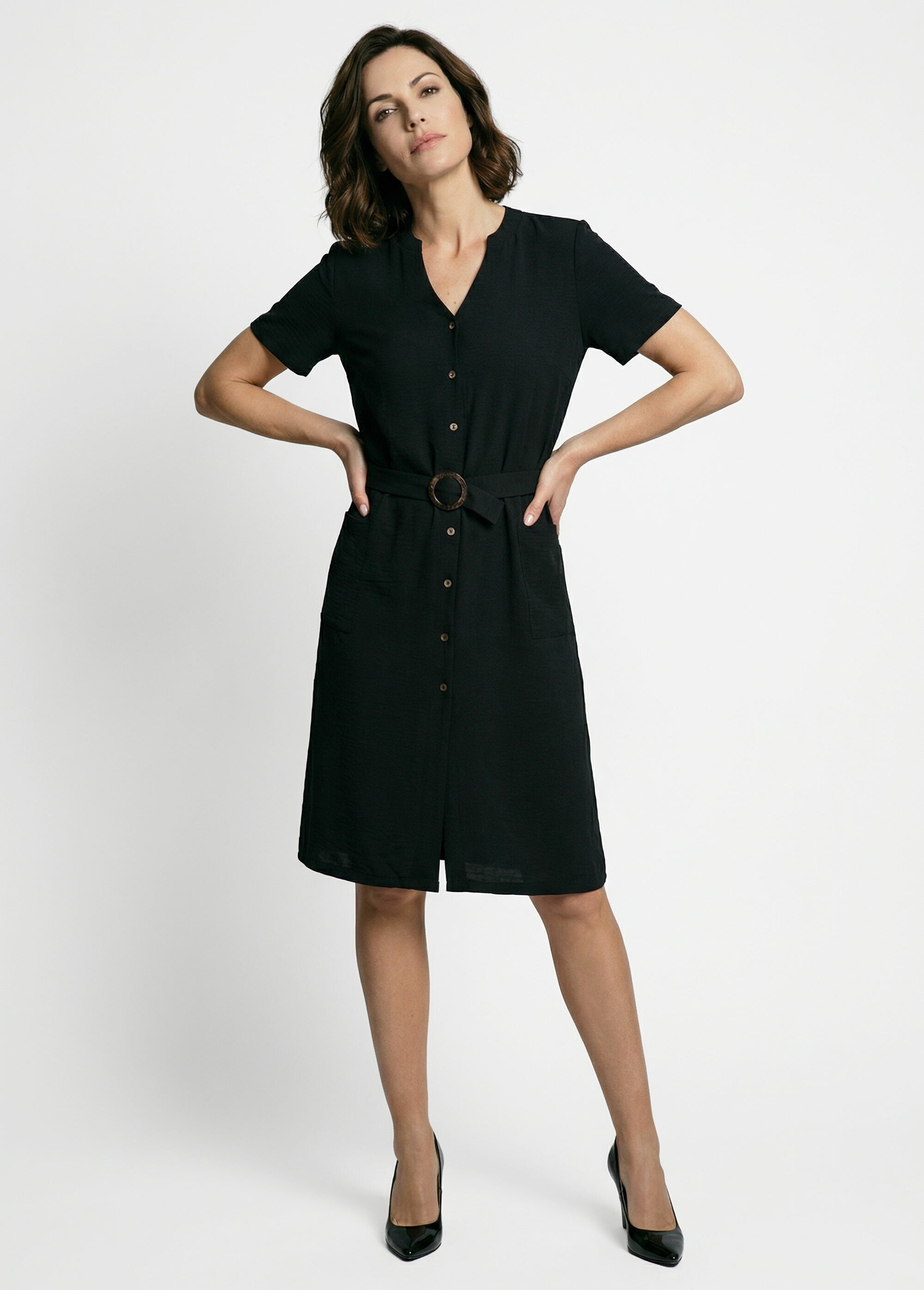 Robe chemisier en crêpe, style ethnique Femme Noir TM-TAMO SF1