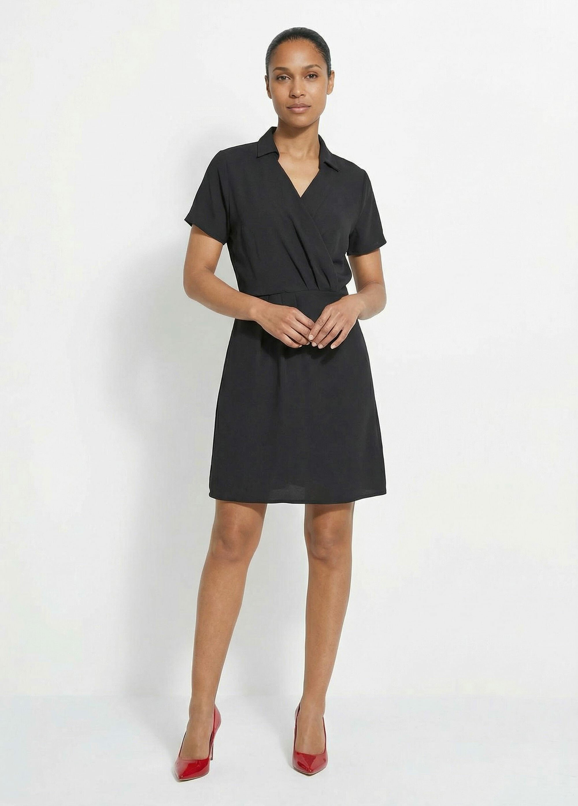 Robe col V manches courtes, Essentiel Femme Noir TM-NATURE FA1