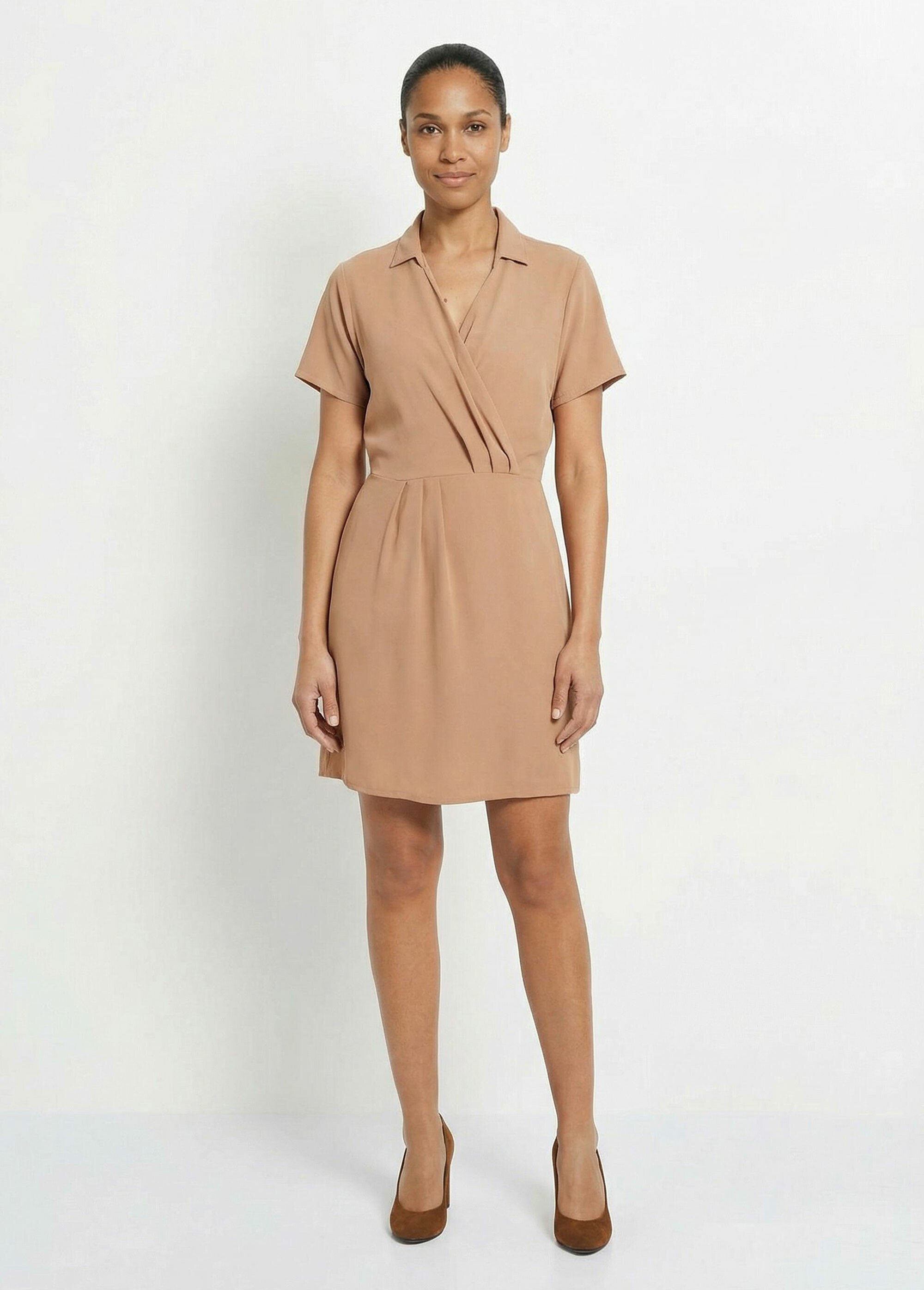 Robe col V manches courtes, Essentiel Femme Marron TM-NATURE FA1