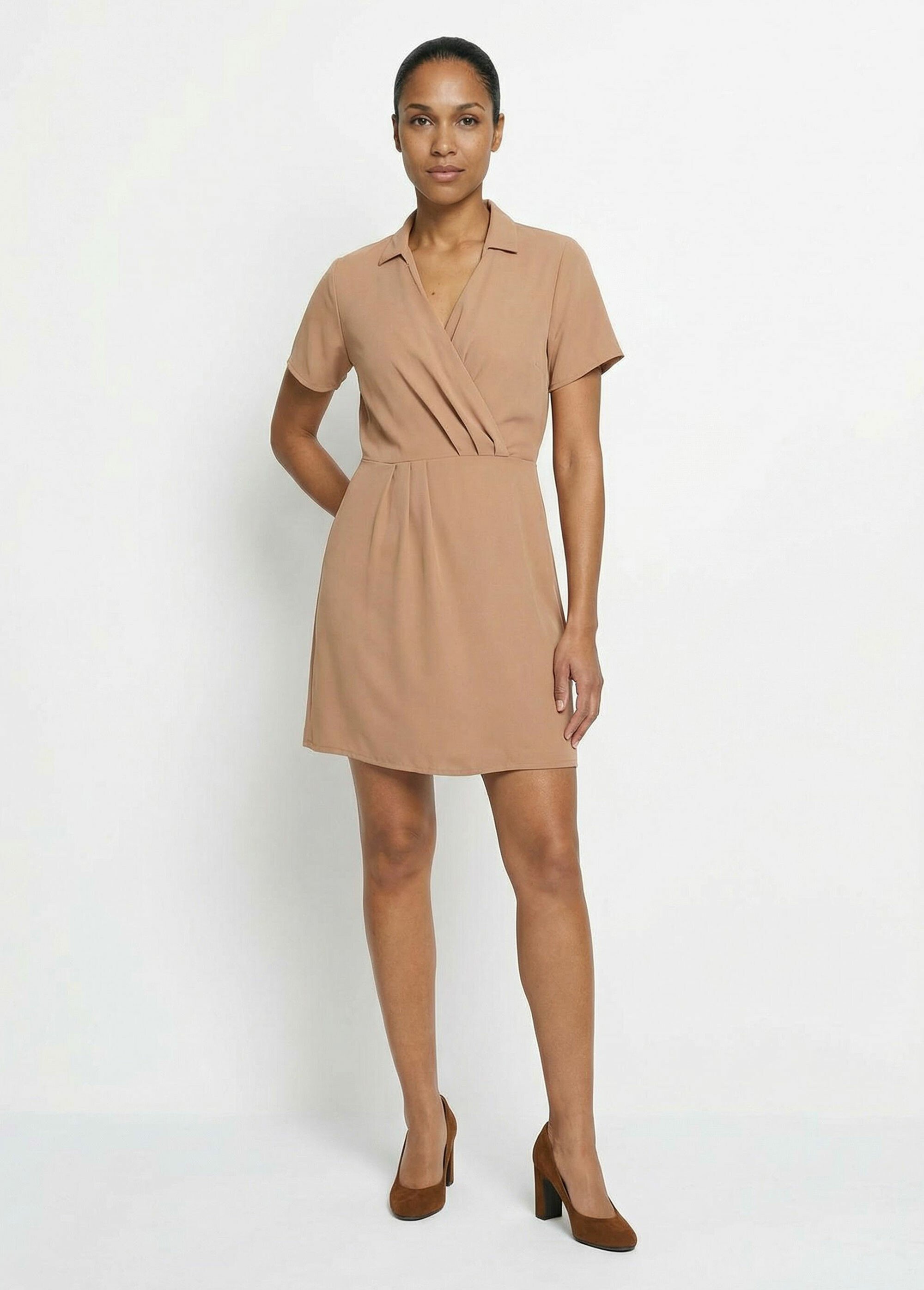 Robe col V manches courtes, Essentiel Femme Marron TM-NATURE SF1