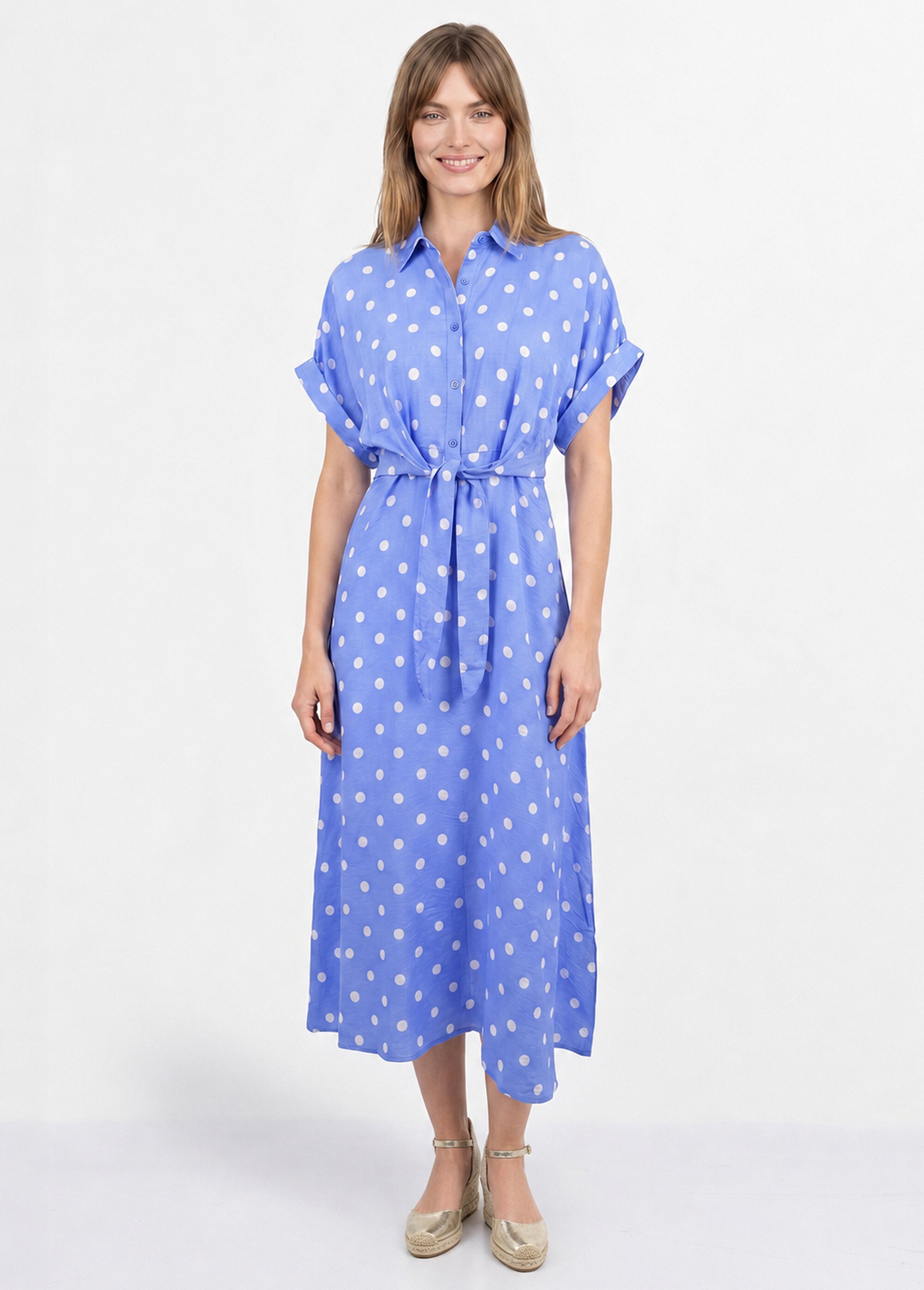 Robe longue à pois, manches courtes Femme Bleu JB-A1682 FA1
