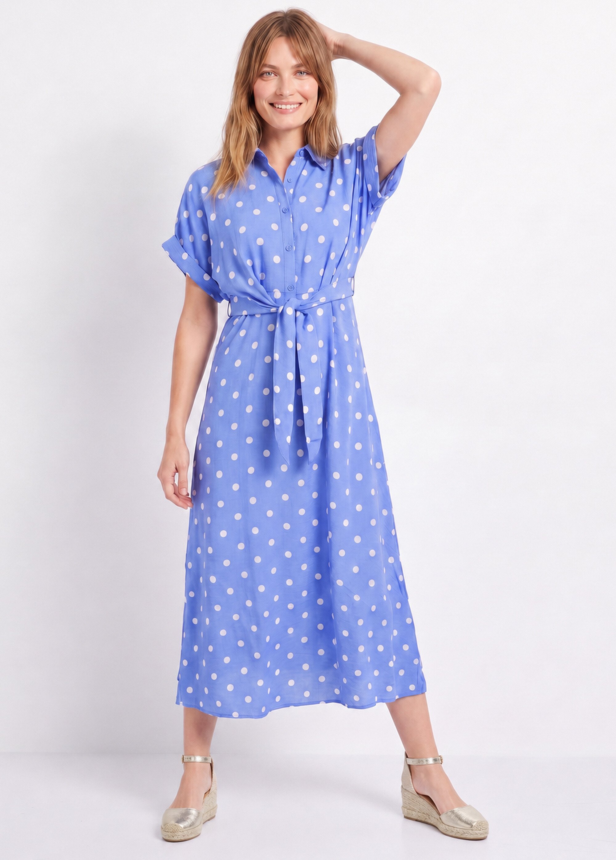 Robe longue à pois, manches courtes Femme Bleu JB-A1682 MV1