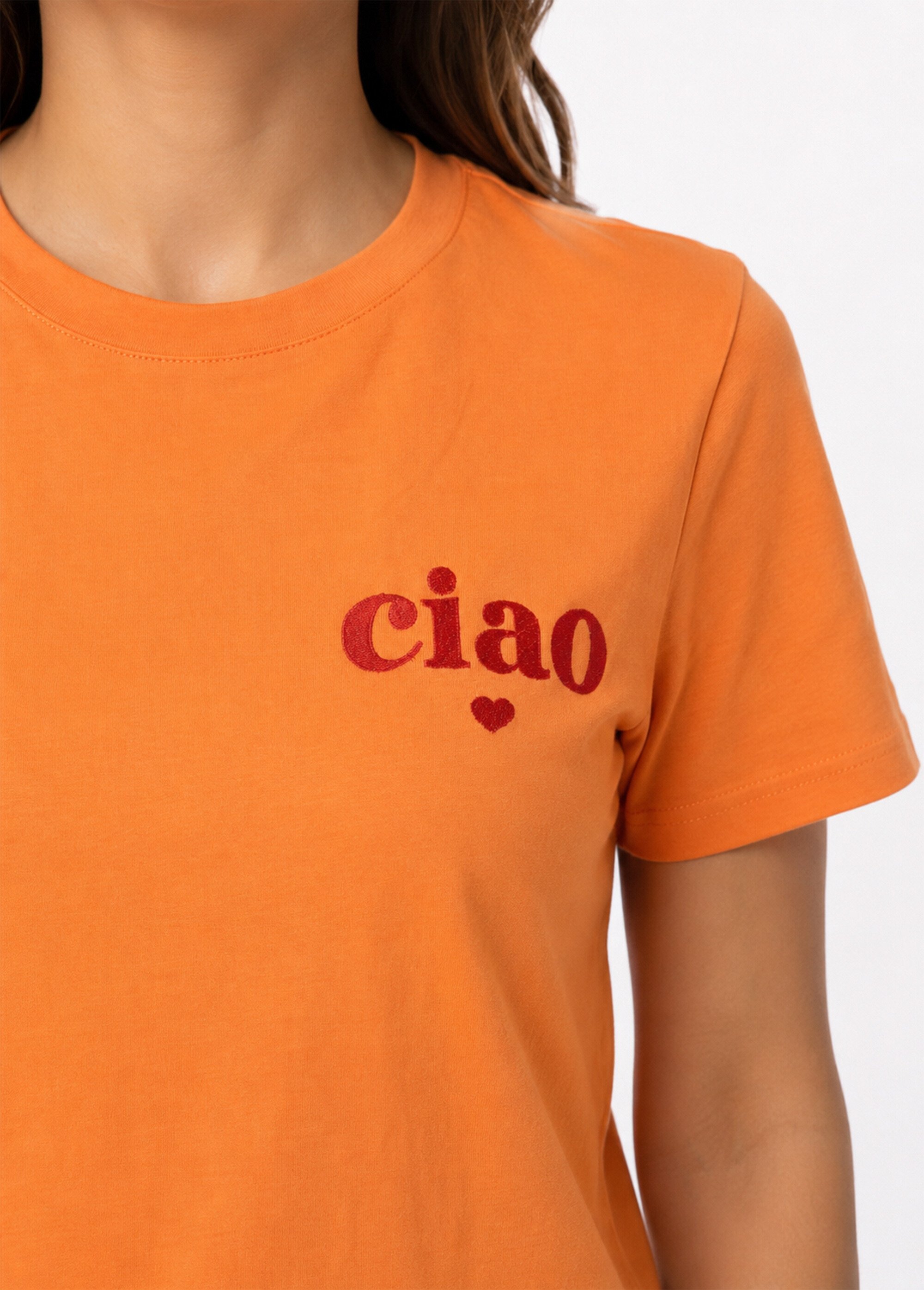 T-shirt col rond broderie Ciao et coeur Femme Orange JB-TS0089 DE1