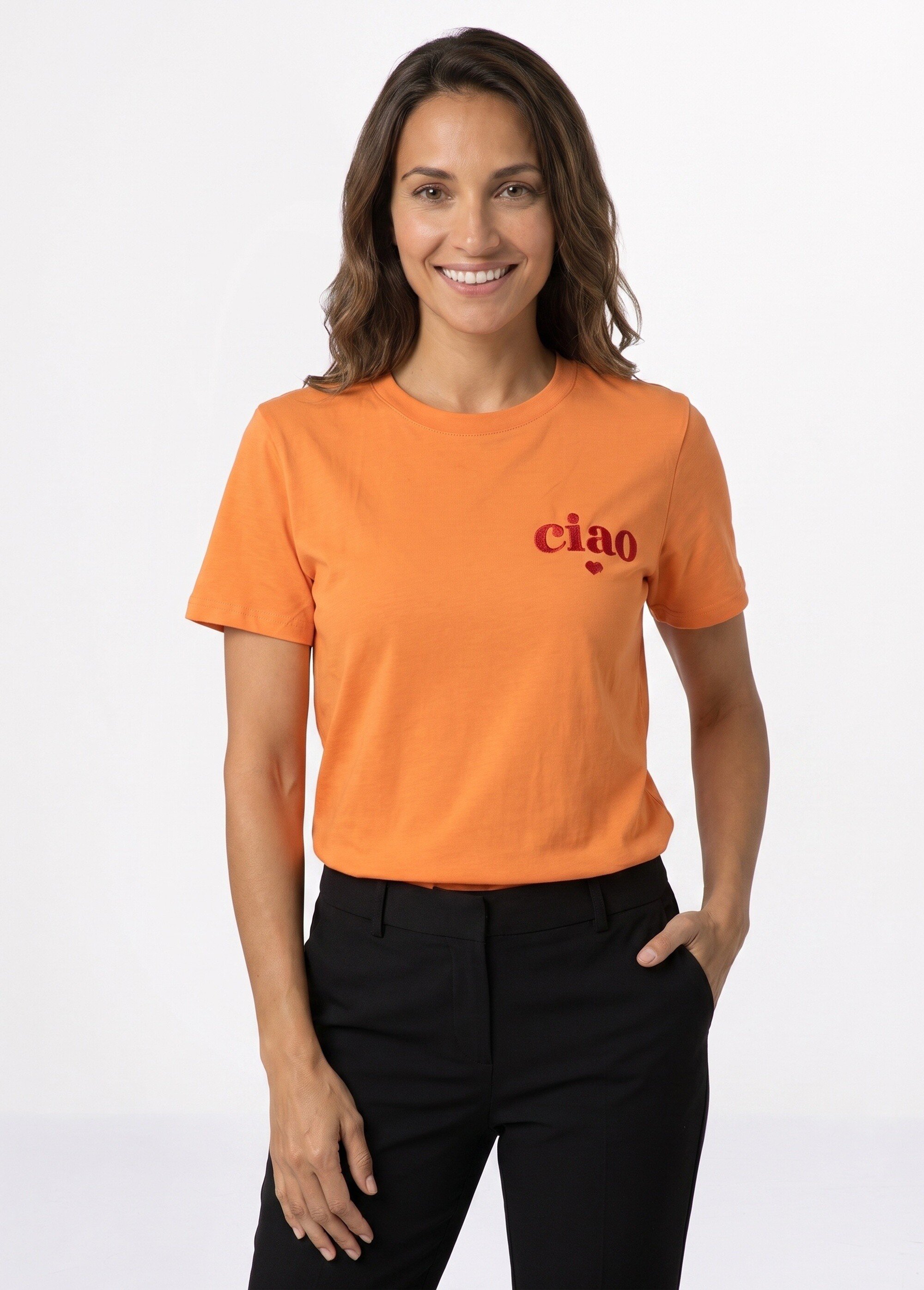 T-shirt col rond broderie Ciao et coeur Femme Orange JB-TS0089 FA1