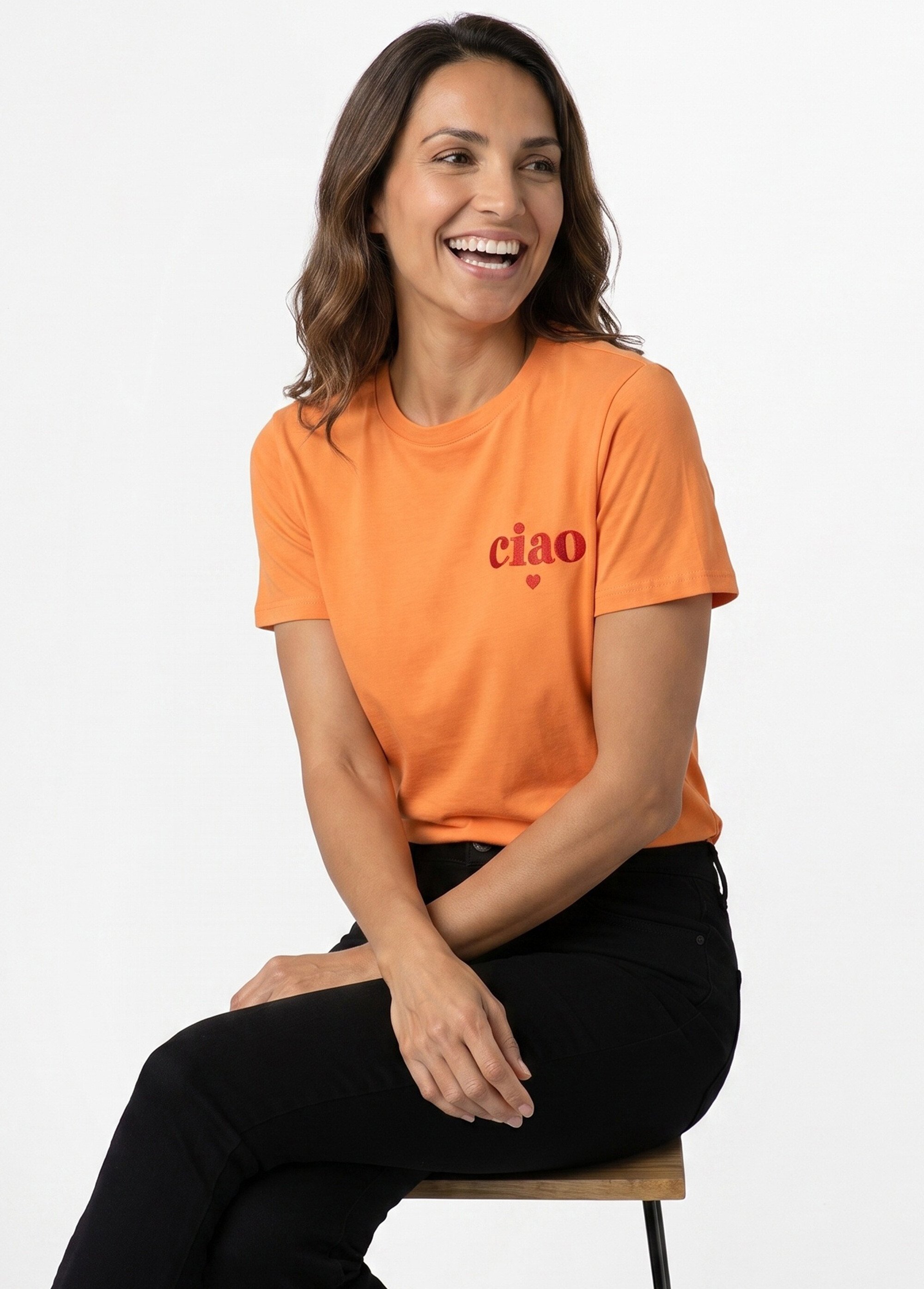 T-shirt col rond broderie Ciao et coeur Femme Orange JB-TS0089 MV1
