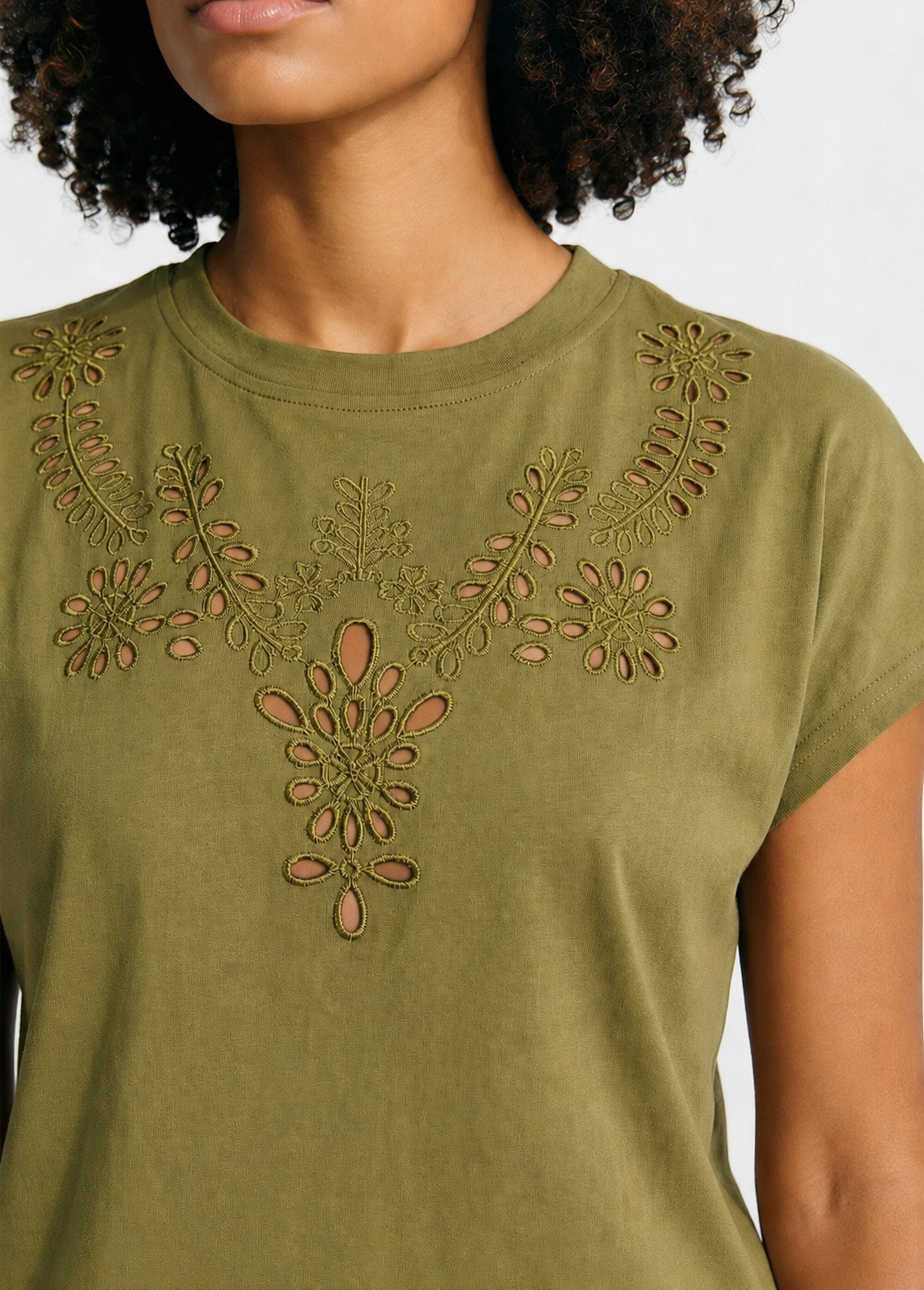 T-shirt coton encolure broderie anglaise Femme Vert JB-TS0070 DE1