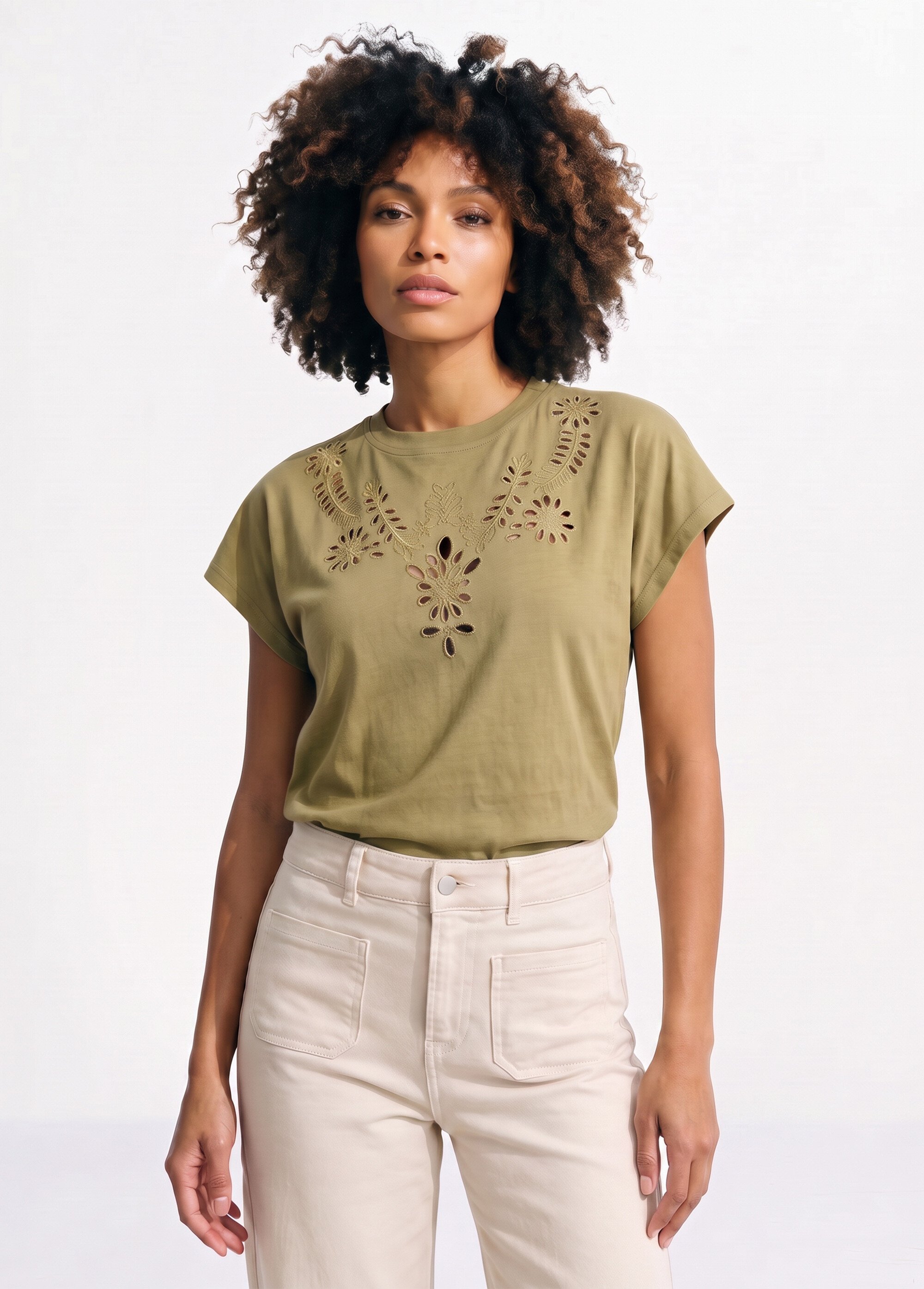 T-shirt coton encolure broderie anglaise Femme Vert JB-TS0070 FA1