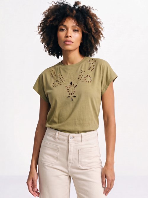 T-shirt coton encolure broderie anglaise Femme Vert JB-TS0070 FA1