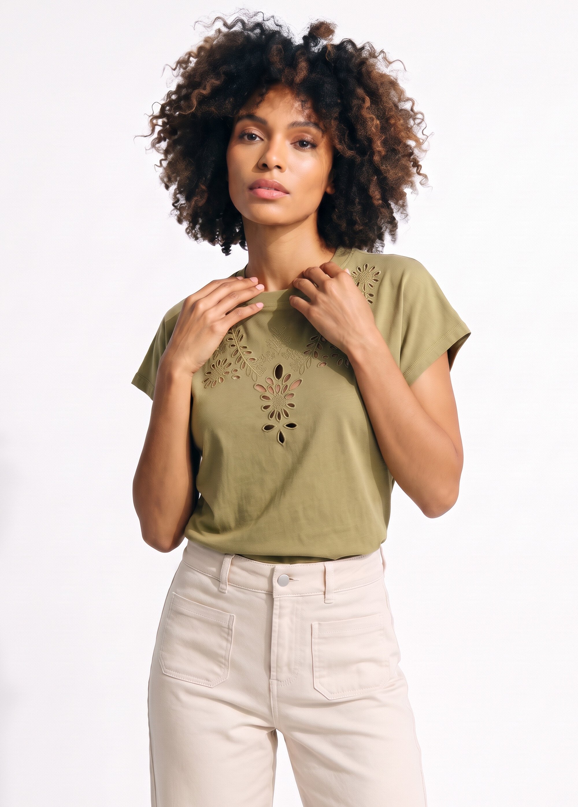 T-shirt coton encolure broderie anglaise Femme Vert JB-TS0070 MV1