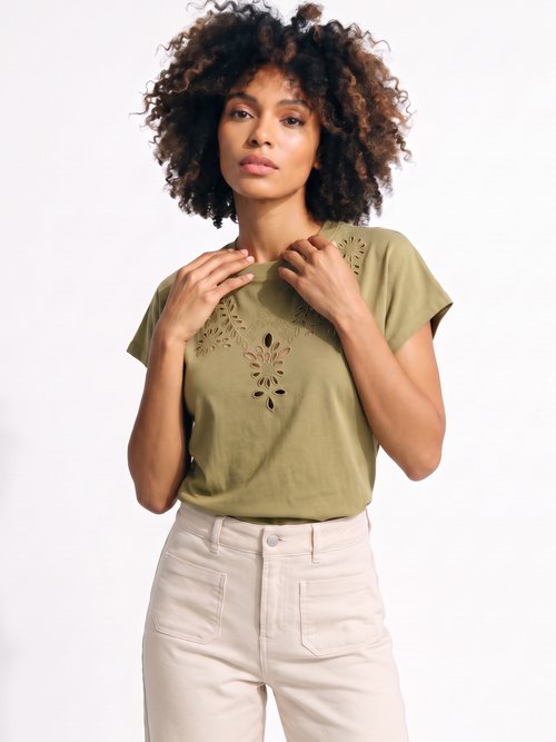 T-shirt coton encolure broderie anglaise Femme Vert JB-TS0070 MV1