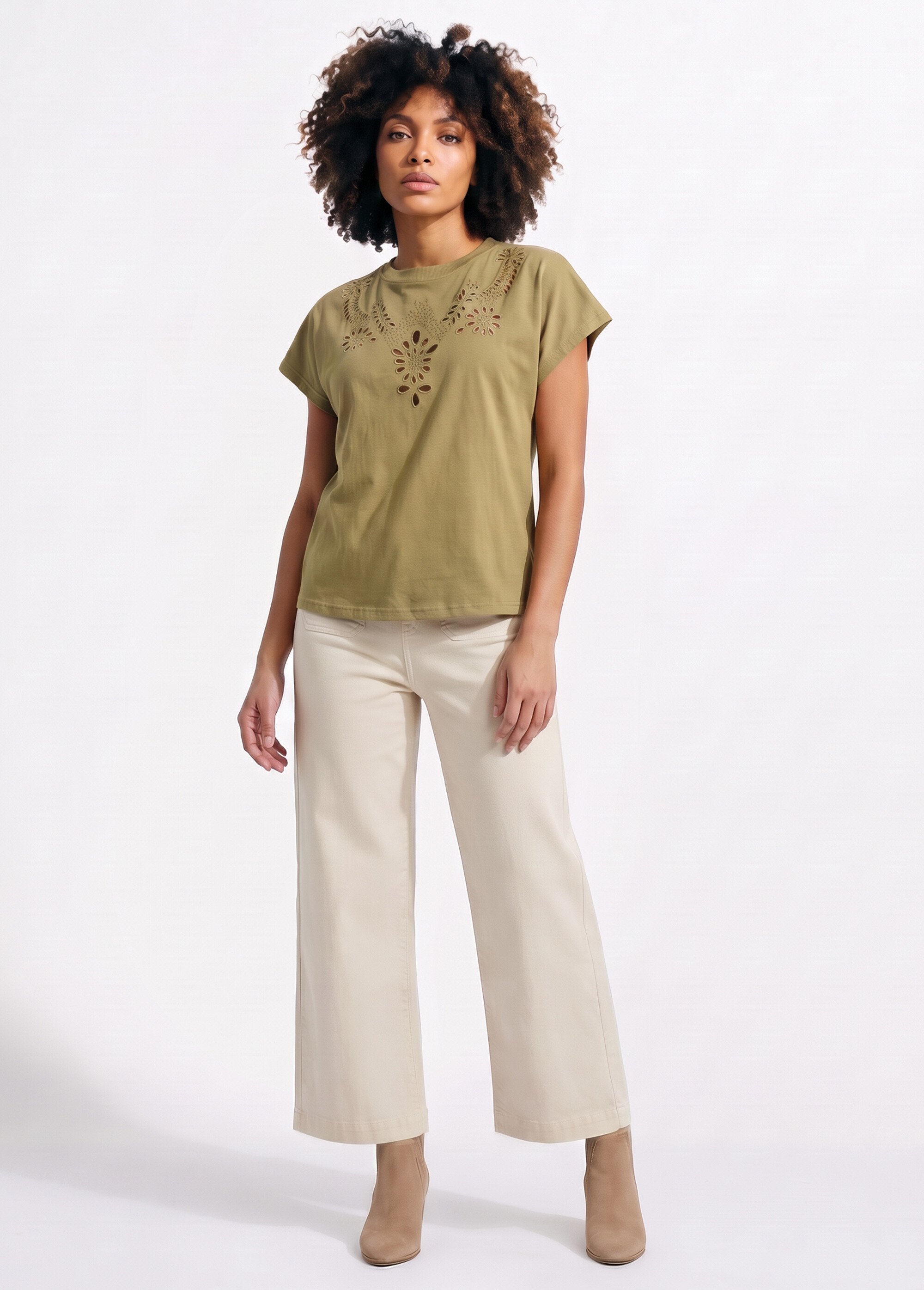 T-shirt coton encolure broderie anglaise Femme Vert JB-TS0070 SI1