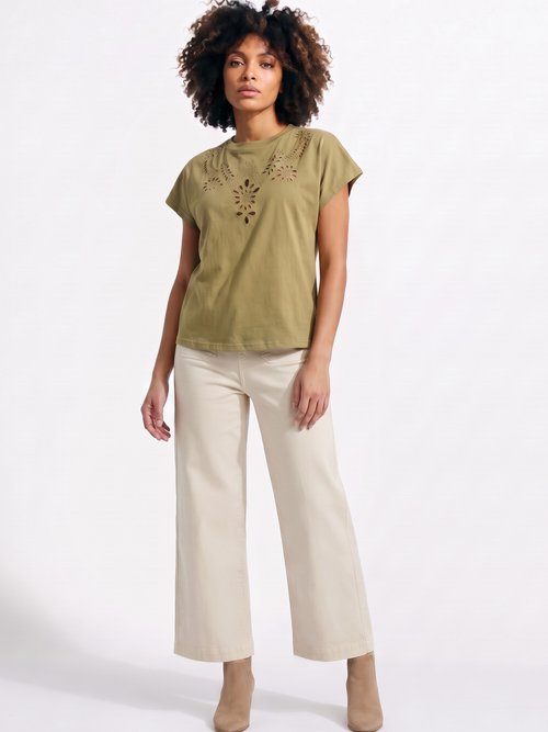 T-shirt coton encolure broderie anglaise Femme Vert JB-TS0070 SI1