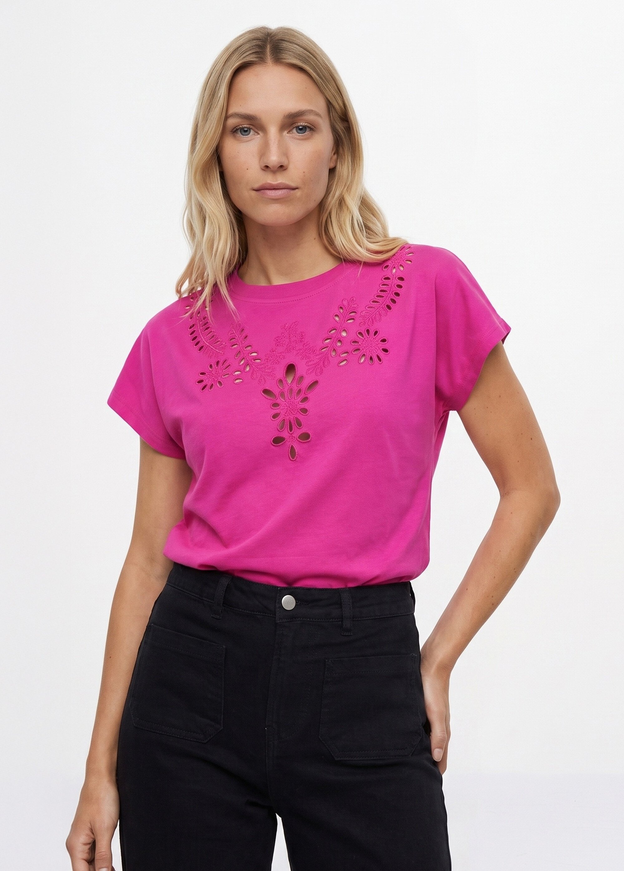 T-shirt coton encolure broderie anglaise Femme Violet JB-TS0070 FA1