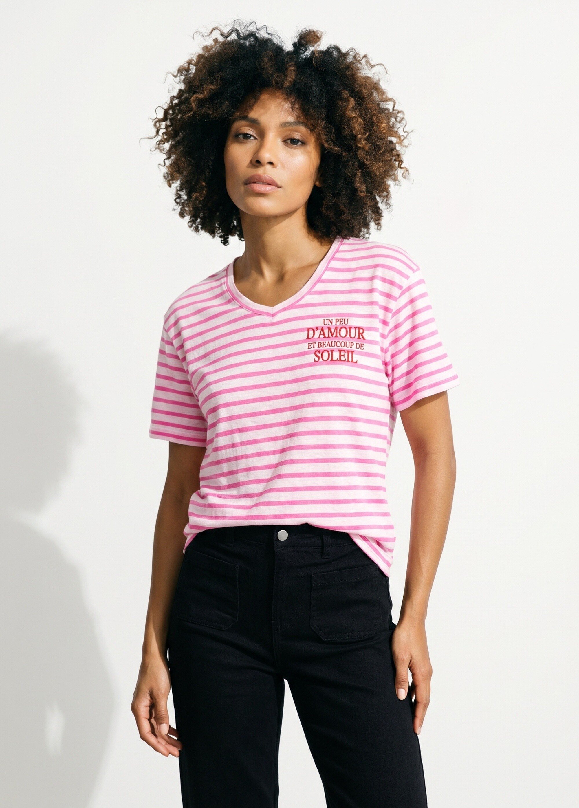 T-shirt rayé marinière Amour et Soleil Femme Rose JB-TS-0091 FA1