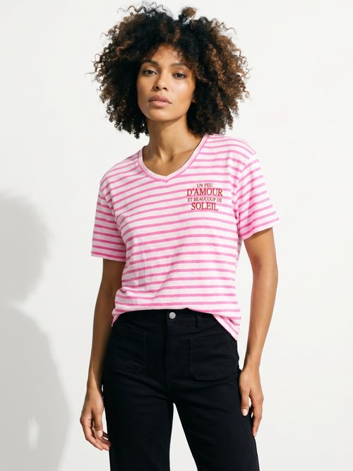 T-shirt rayé marinière Amour et Soleil Femme Rose JB-TS-0091 FA1