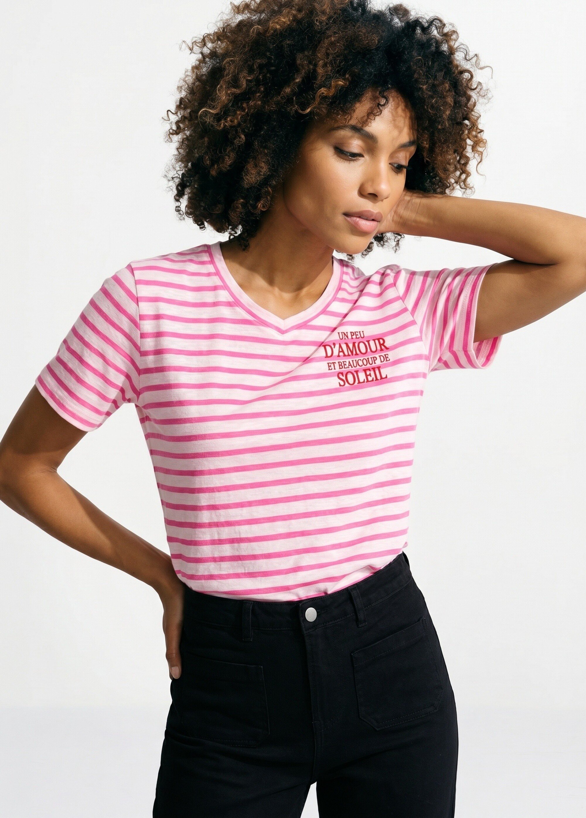 T-shirt rayé marinière Amour et Soleil Femme Rose JB-TS-0091 MV1