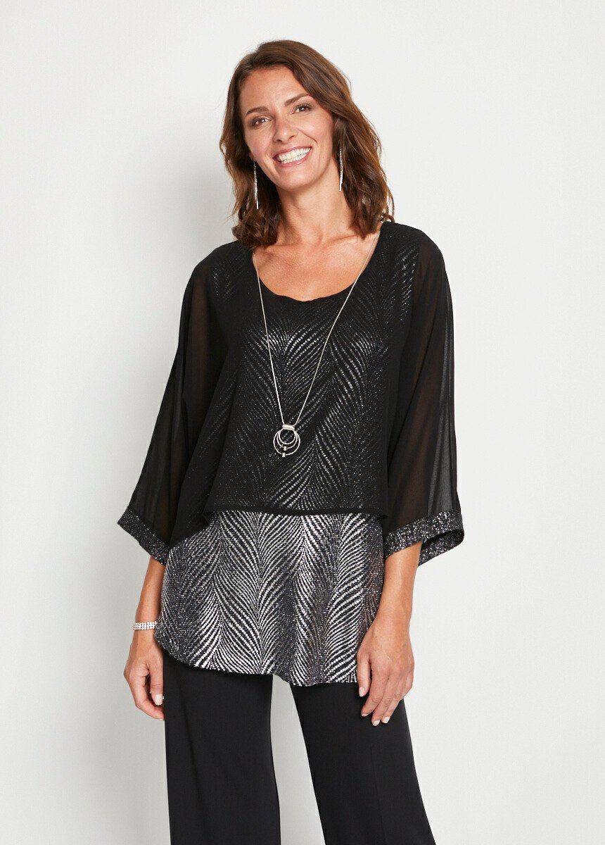Top effet 2 en 1 maille pailletée et voile