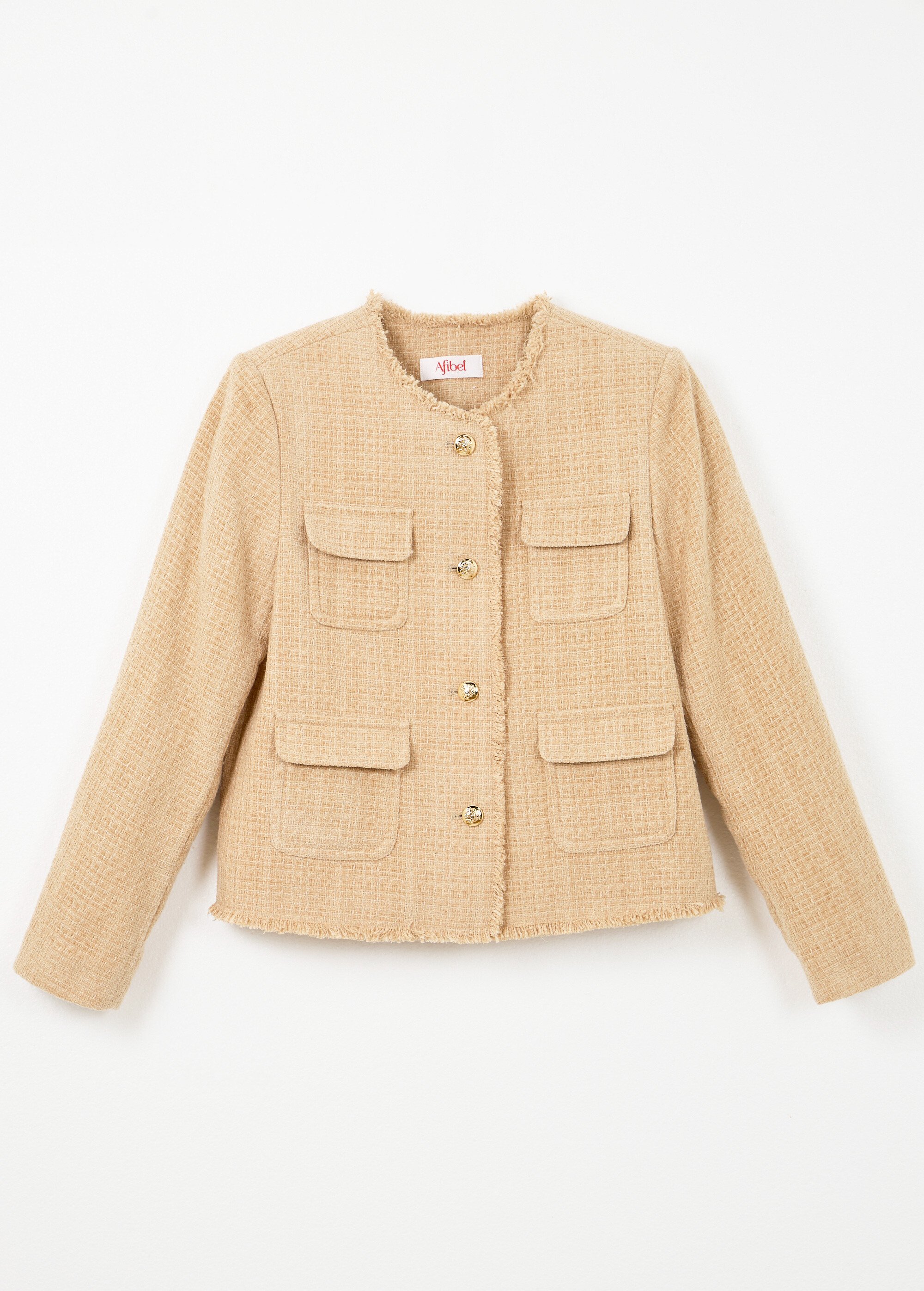 Veste tweed boutonnée frangée sans col Femme Vert TAYANA AP1