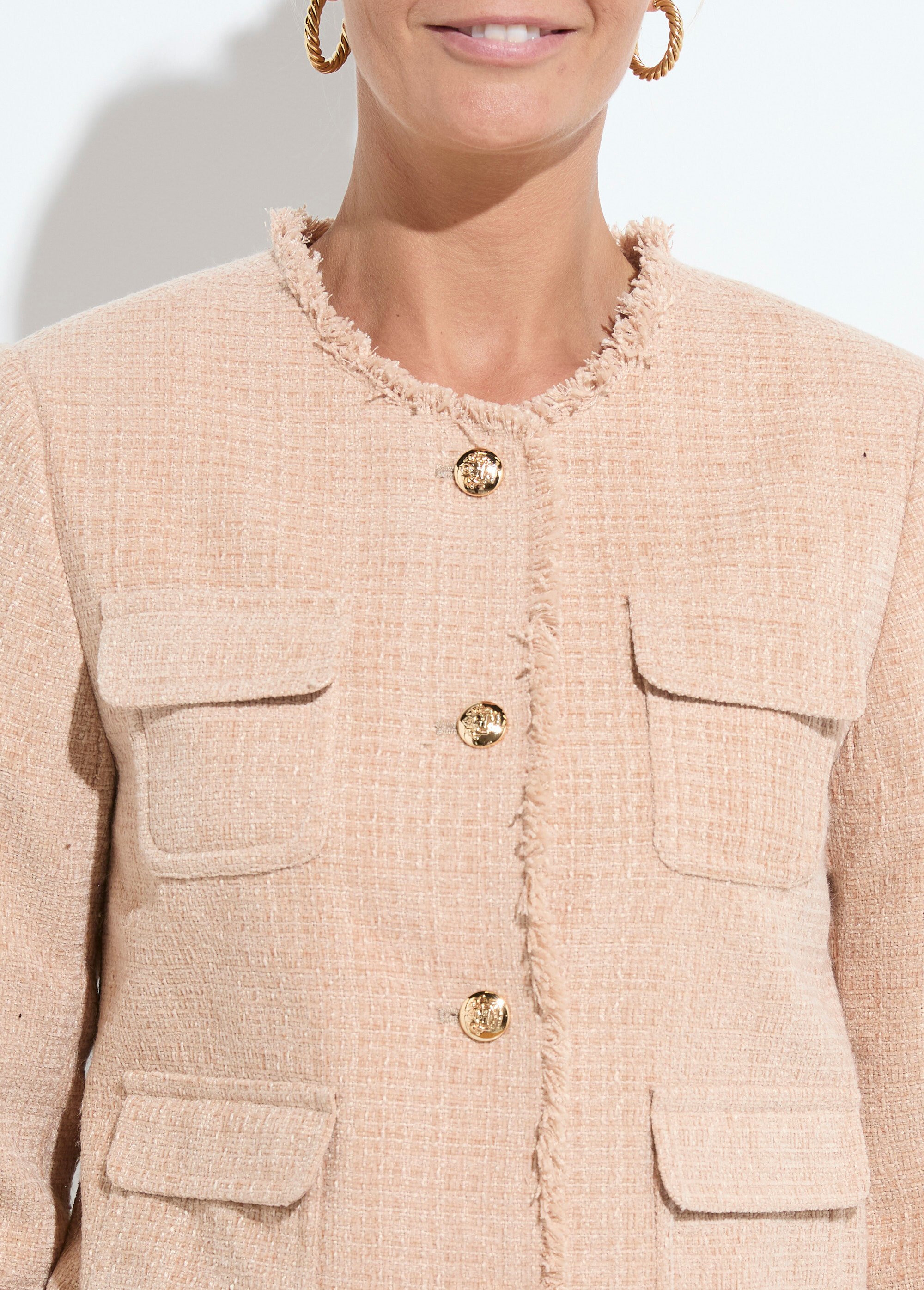 Veste tweed boutonnée frangée sans col Femme Vert TAYANA DE1