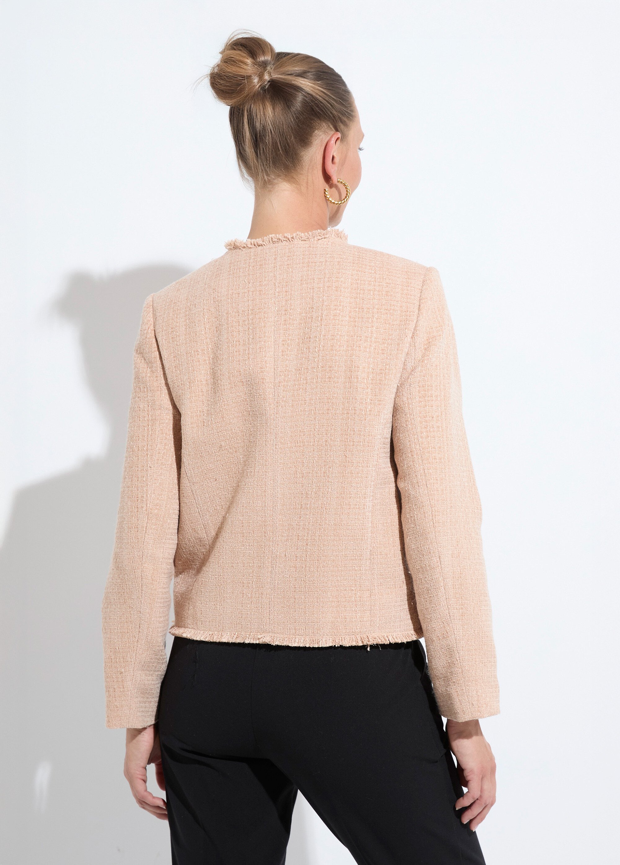 Veste tweed boutonnée frangée sans col Femme Vert TAYANA DO1