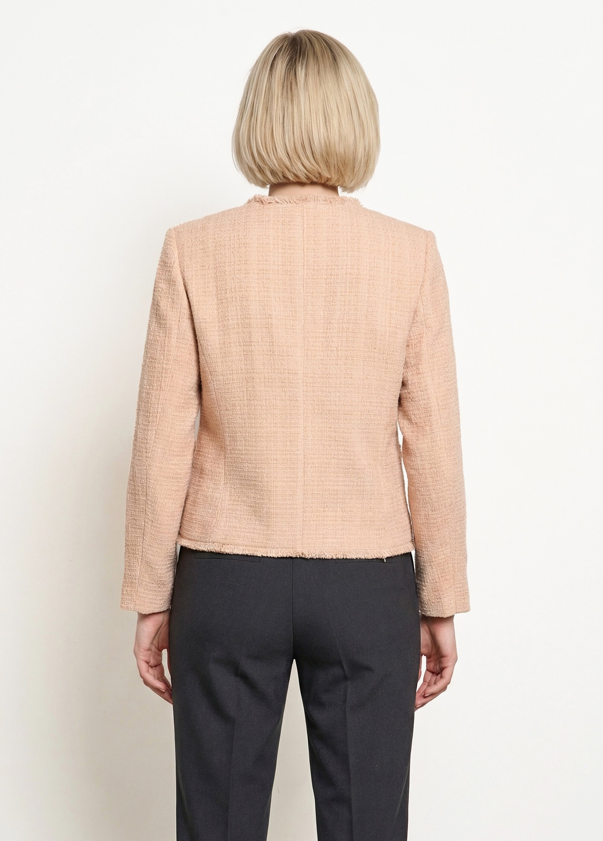 Veste tweed boutonnée frangée sans col