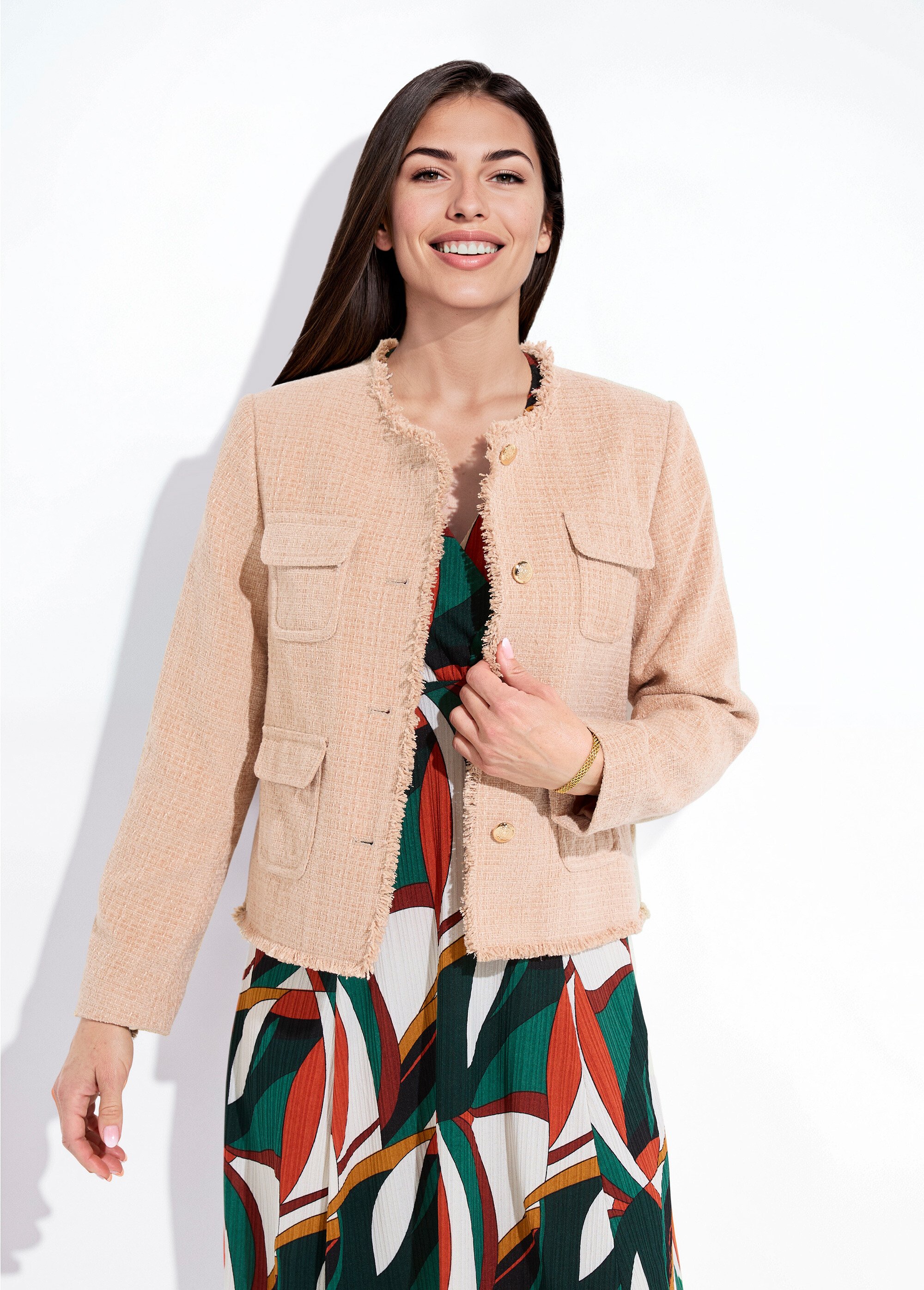 Veste tweed boutonnée frangée sans col Femme Vert TAYANA FA1