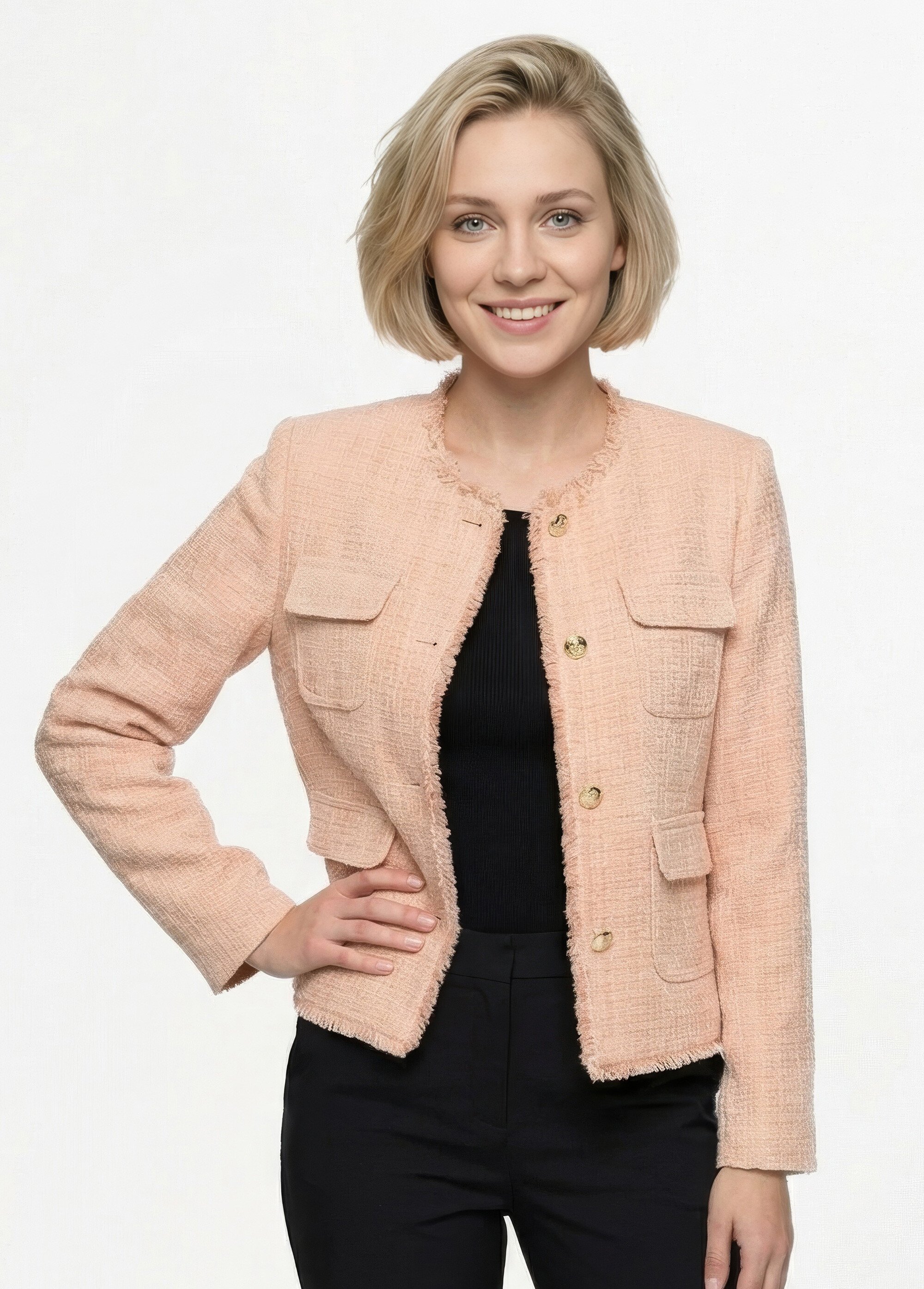 Veste tweed boutonnée frangée sans col